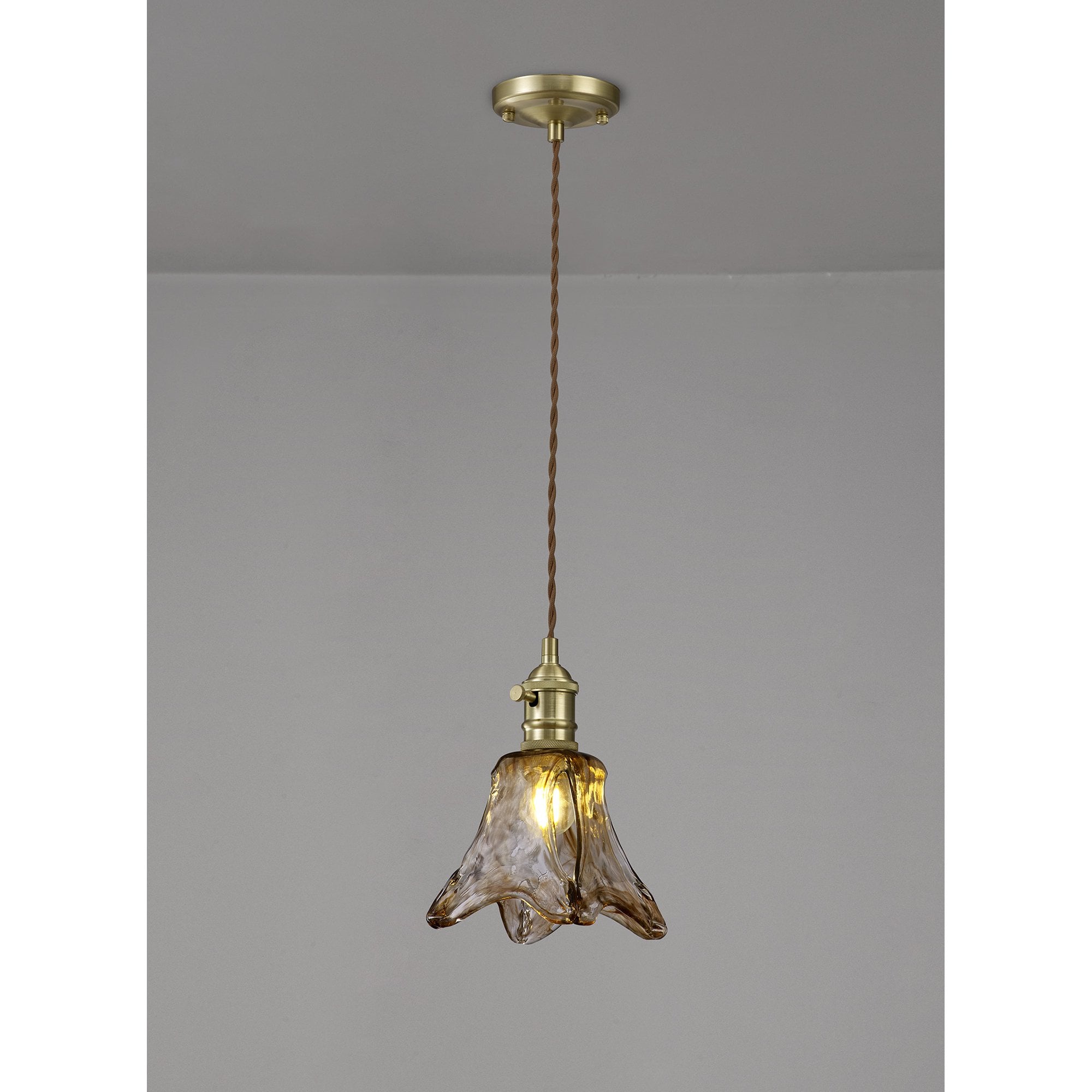 Fabula Merryhill Single Pendant - Brass, Pale Gold Twisted Cable & Brown Flower Glass