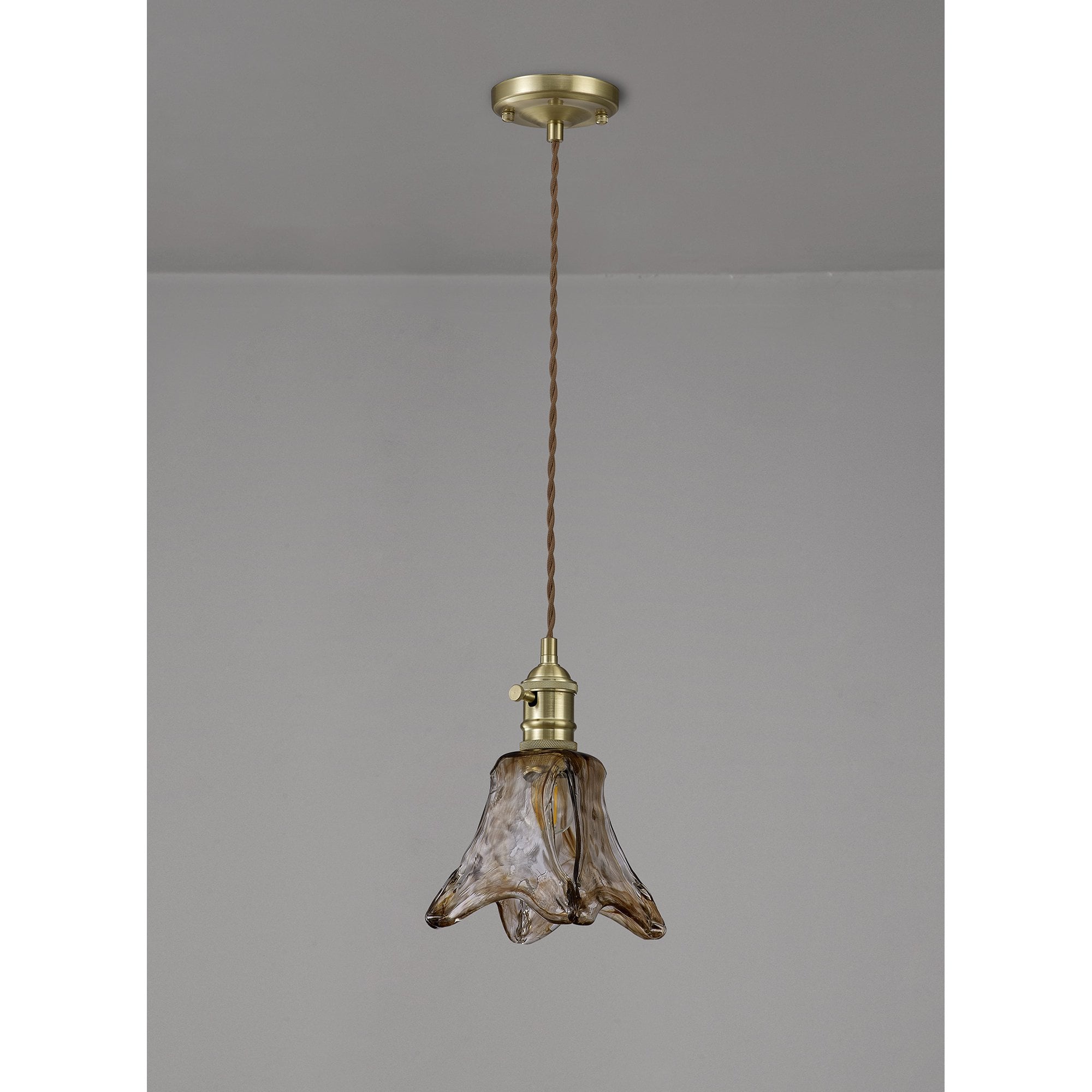 Fabula Merryhill Single Pendant - Brass, Pale Gold Twisted Cable & Brown Flower Glass