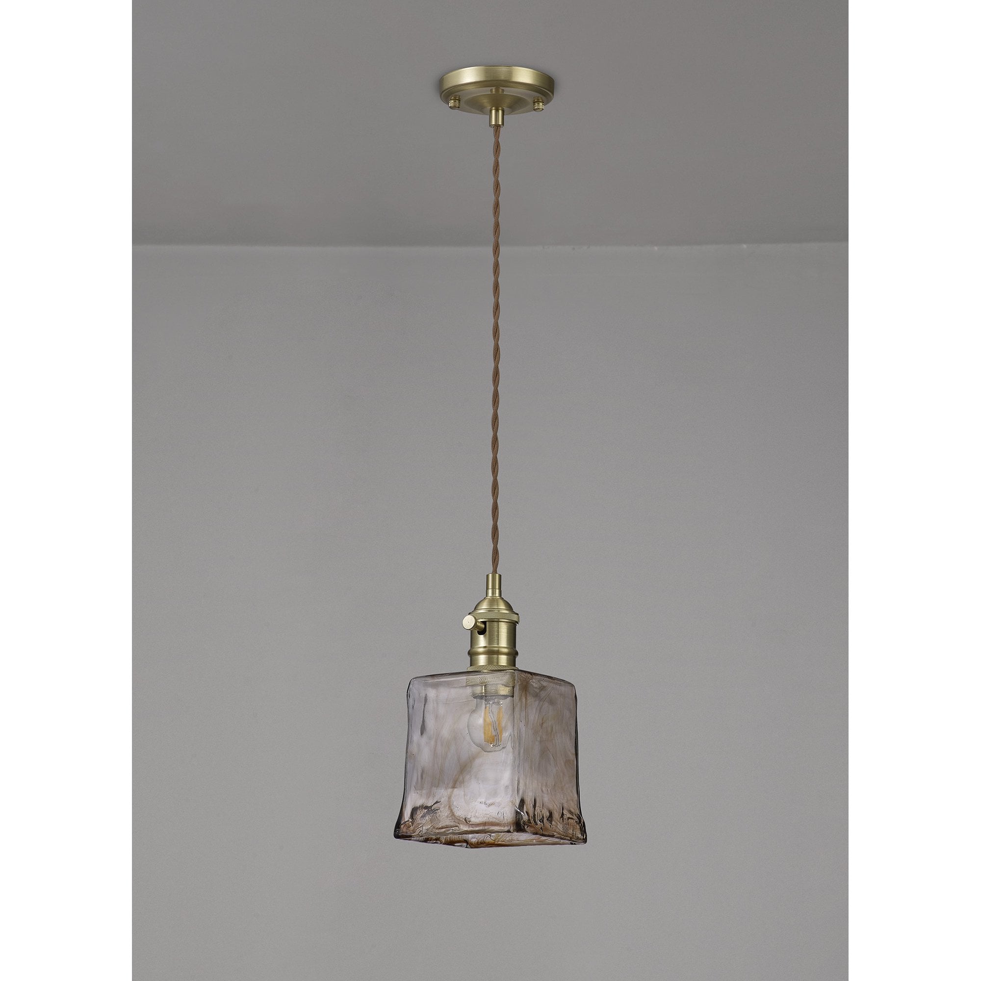 Fabula Merryhill Single Pendant - Brass, Pale Gold Twisted Cable & Brown Square Glass