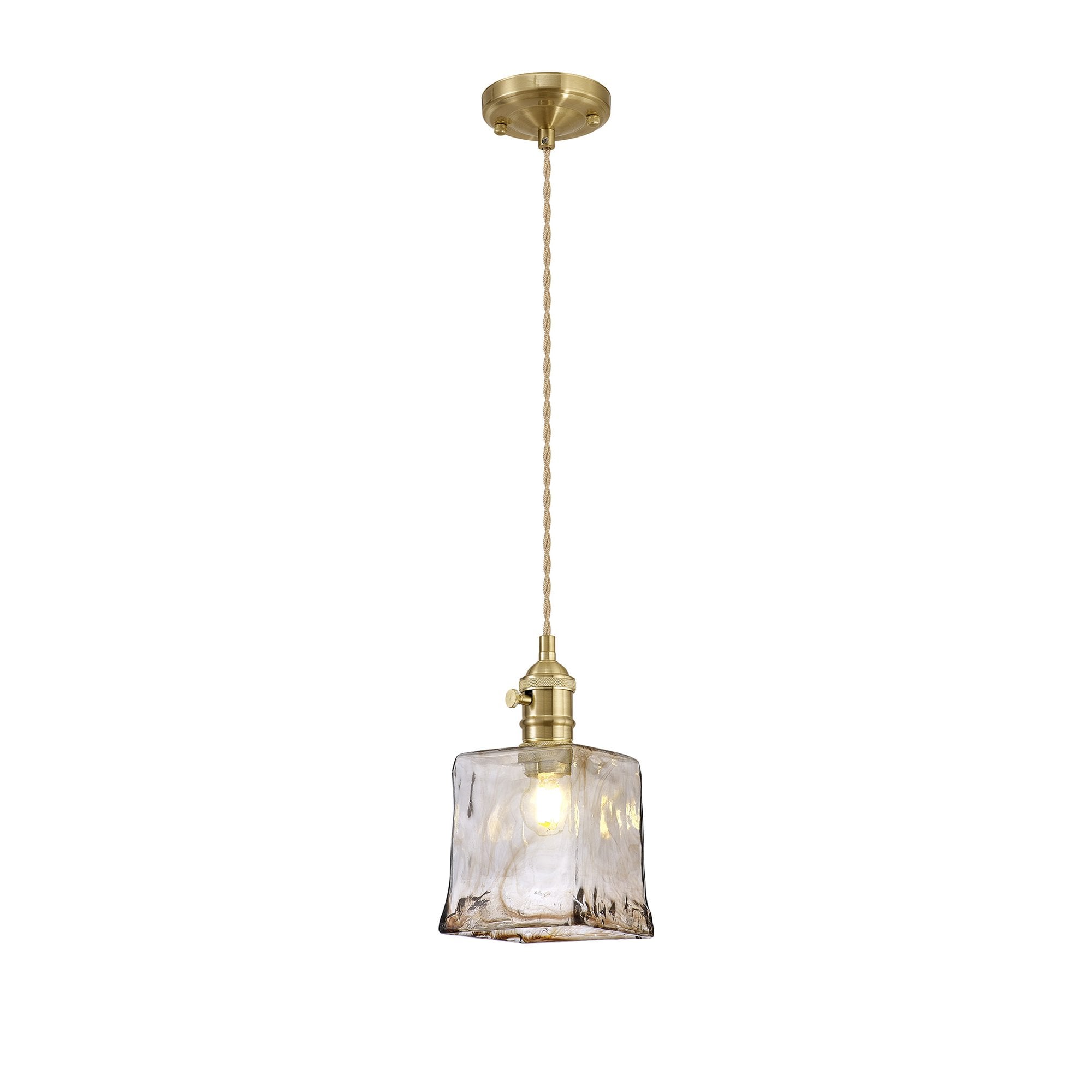 Fabula Merryhill Single Pendant - Brass, Pale Gold Twisted Cable & Brown Square Glass