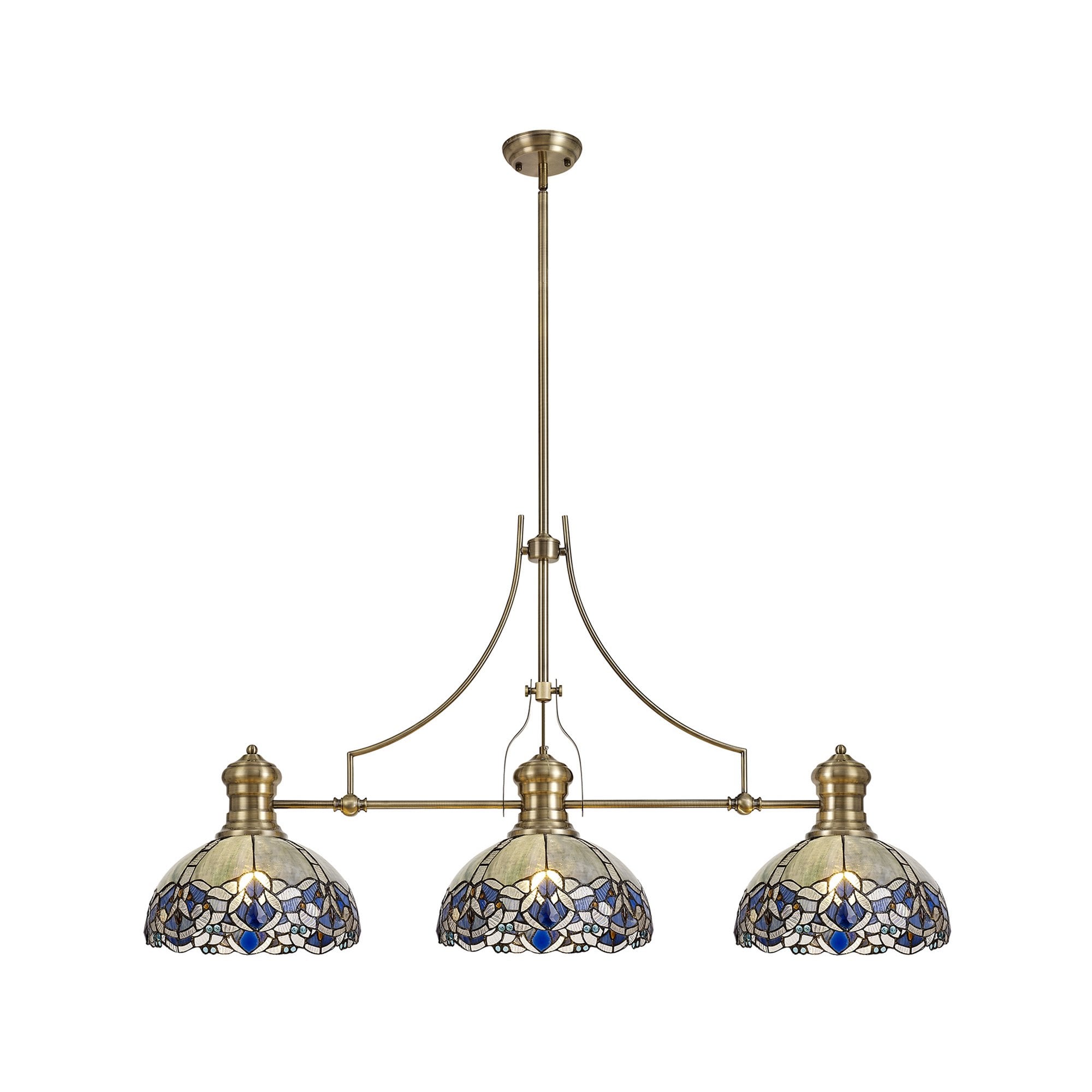 Fabula Newmans 3 Light Linear Pendant - 30cm Tiffany Shade - Antique Brass & Blue