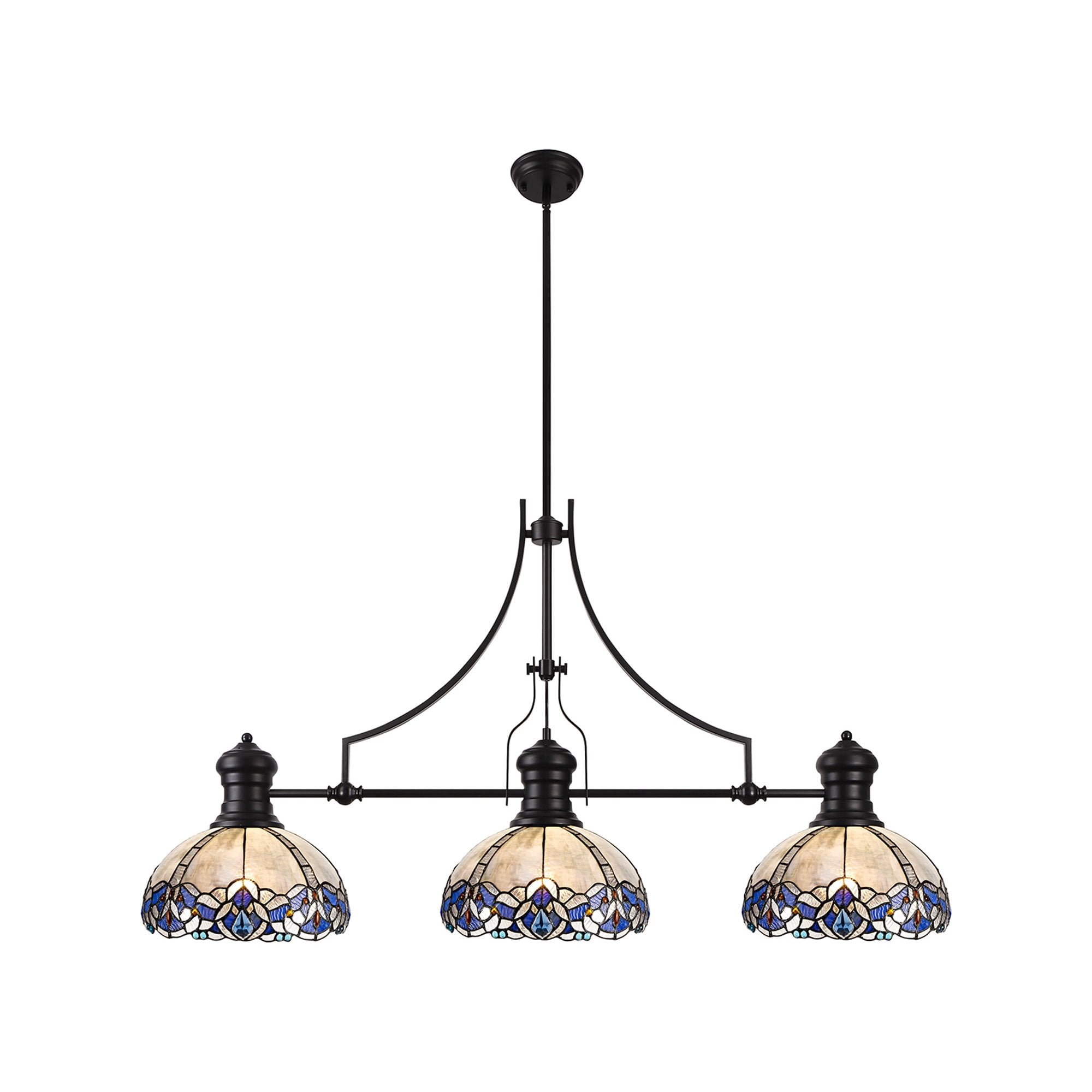 Fabula Newmans 3 Light Linear Pendant - 30cm Tiffany Shade - Matt Black & Blue