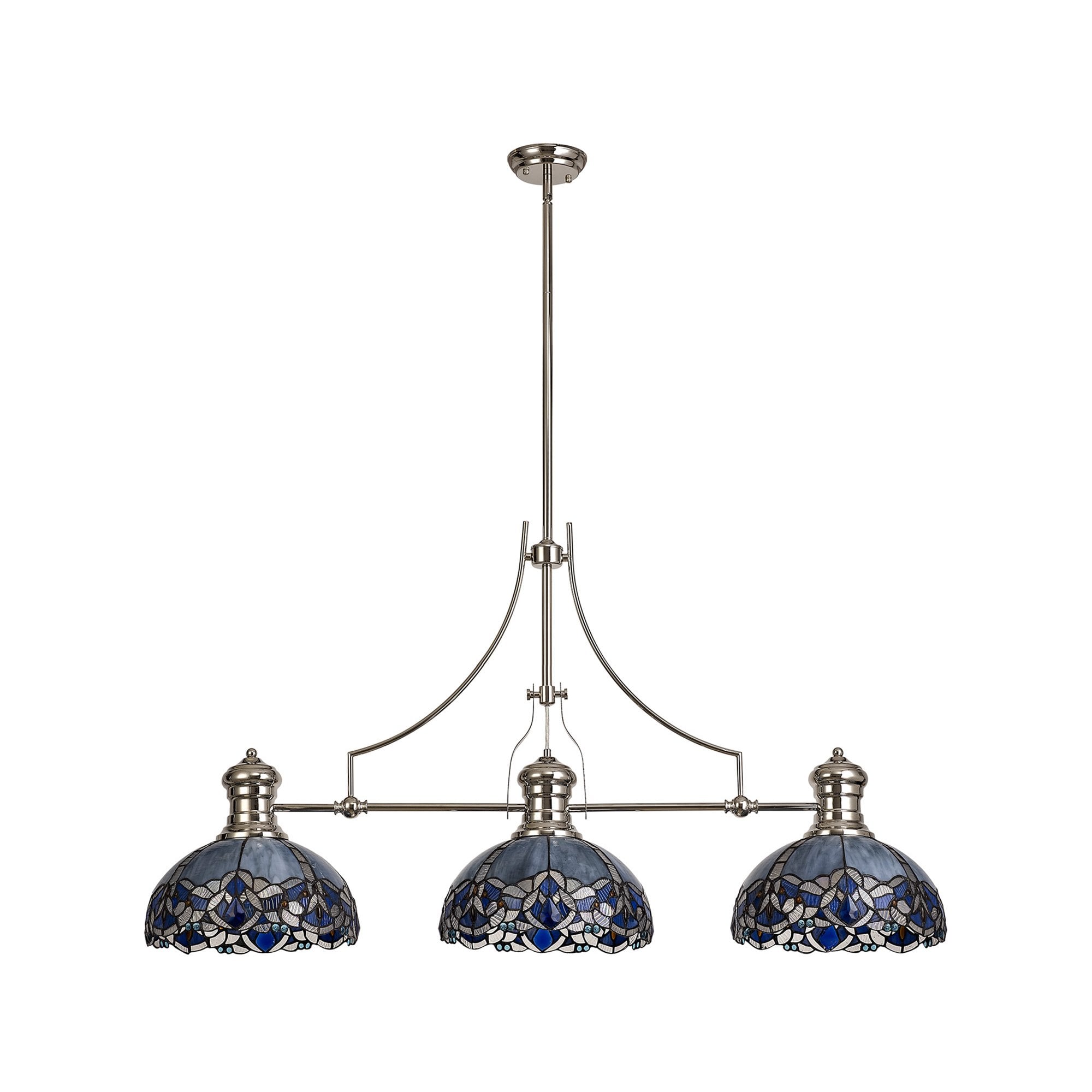 Fabula Newmans 3 Light Linear Pendant - 30cm Tiffany Shade - Polished Nickel & Blue