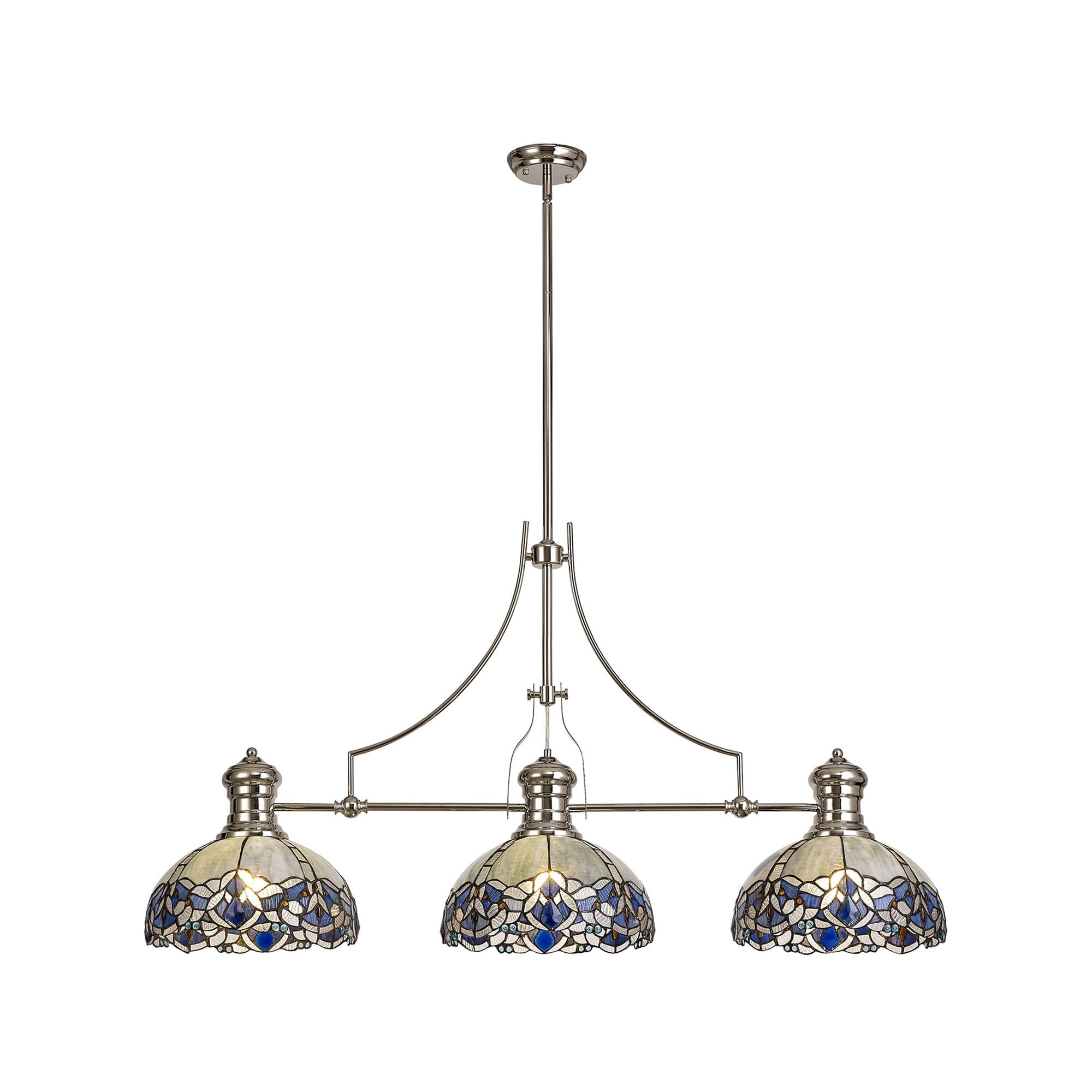 Fabula Newmans 3 Light Linear Pendant - 30cm Tiffany Shade - Polished Nickel & Blue