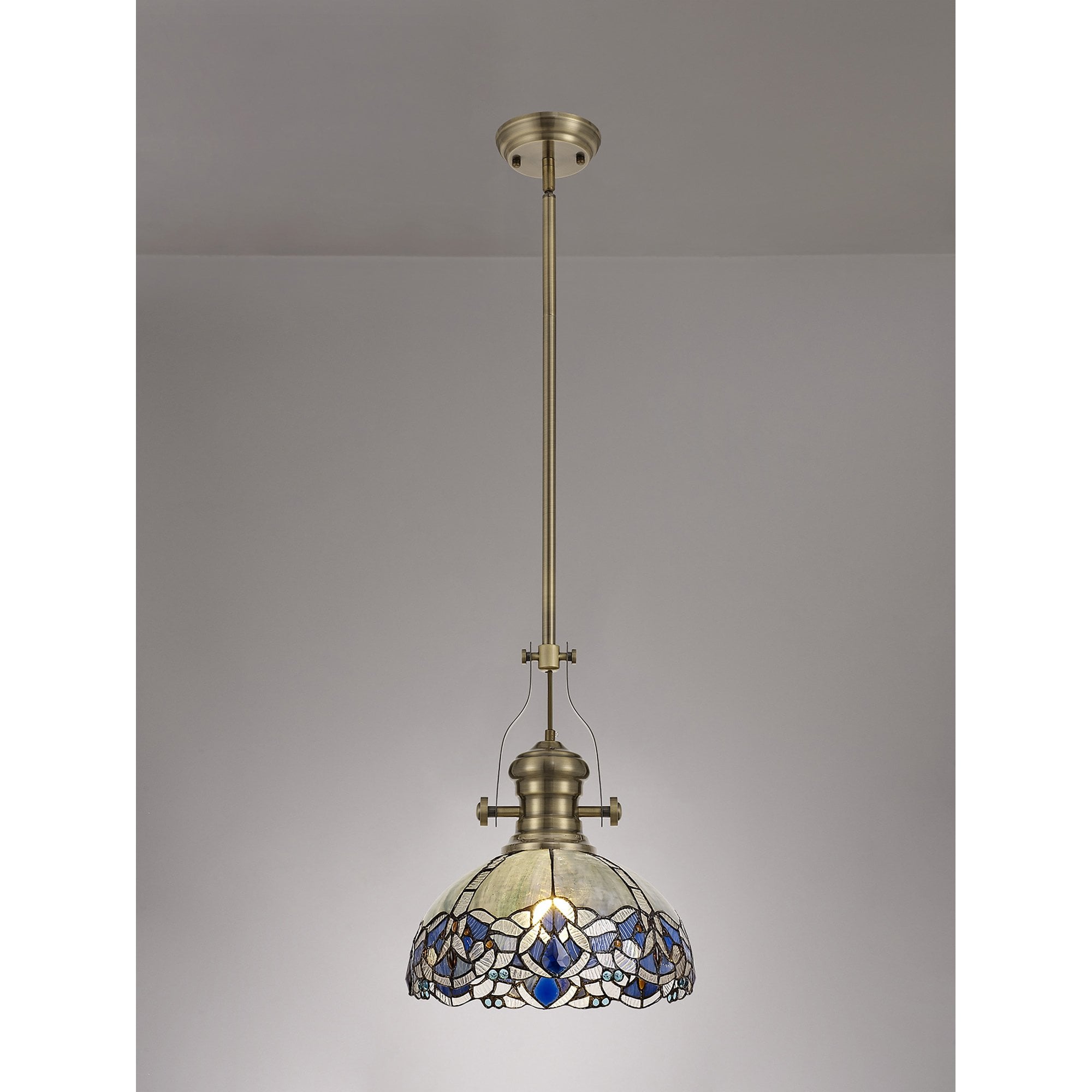 Fabula Newmans Single Pendant - 30cm Tiffany Shade - Antique Brass & Blue