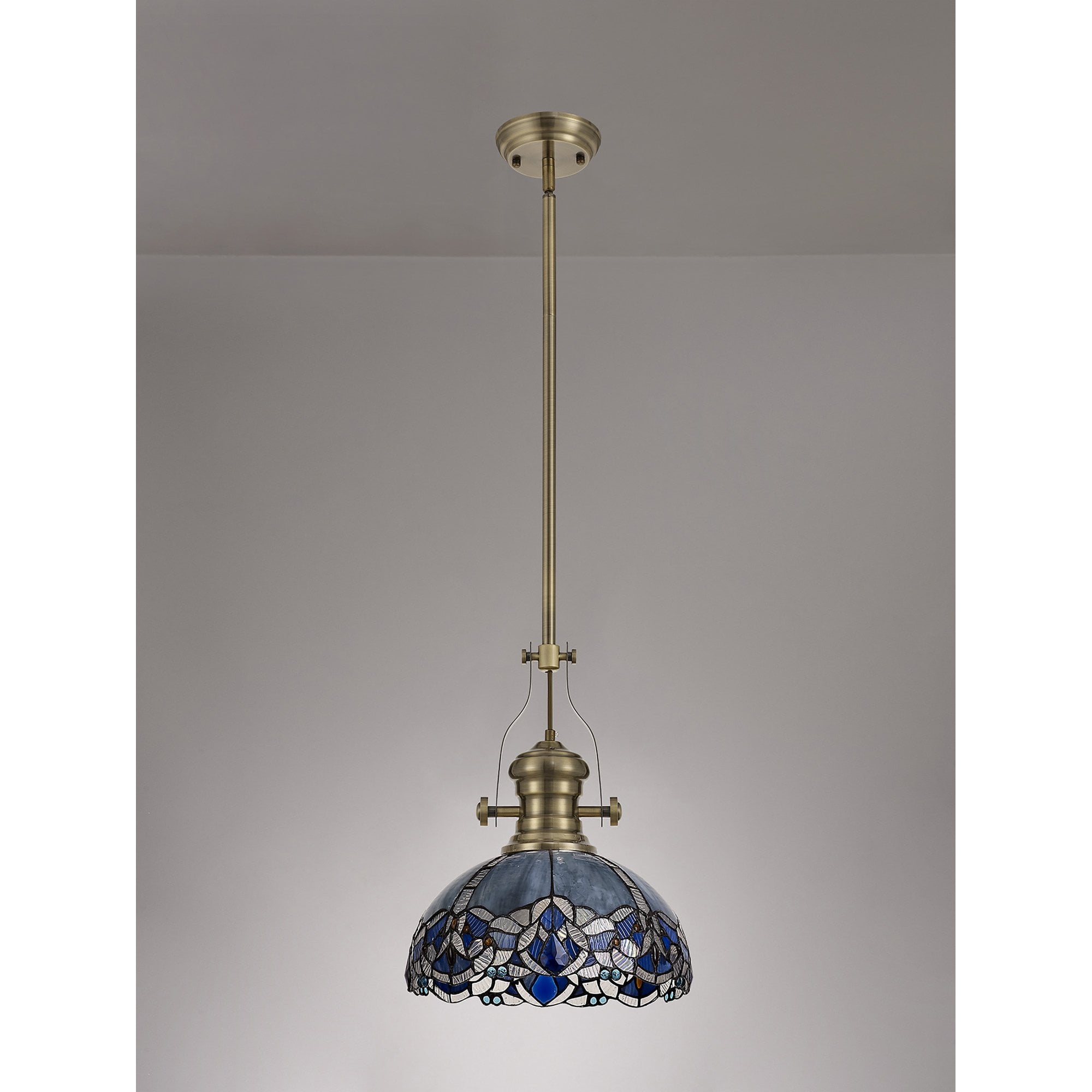 Fabula Newmans Single Pendant - 30cm Tiffany Shade - Antique Brass & Blue