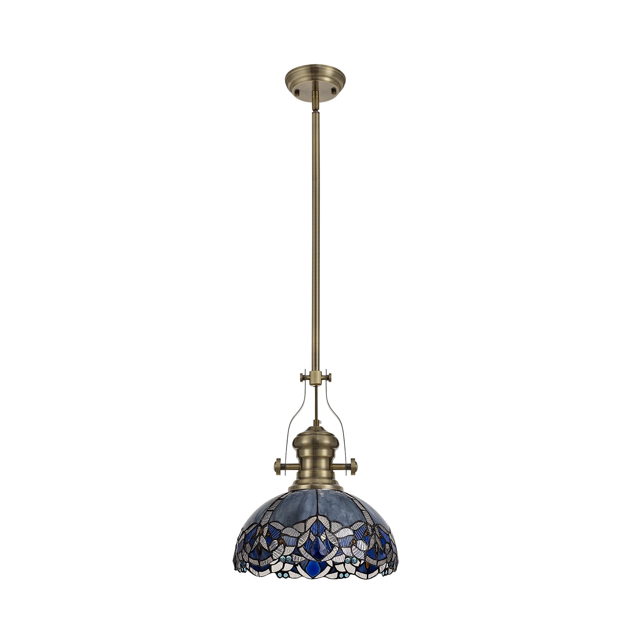 Fabula Newmans Single Pendant - 30cm Tiffany Shade - Antique Brass & Blue