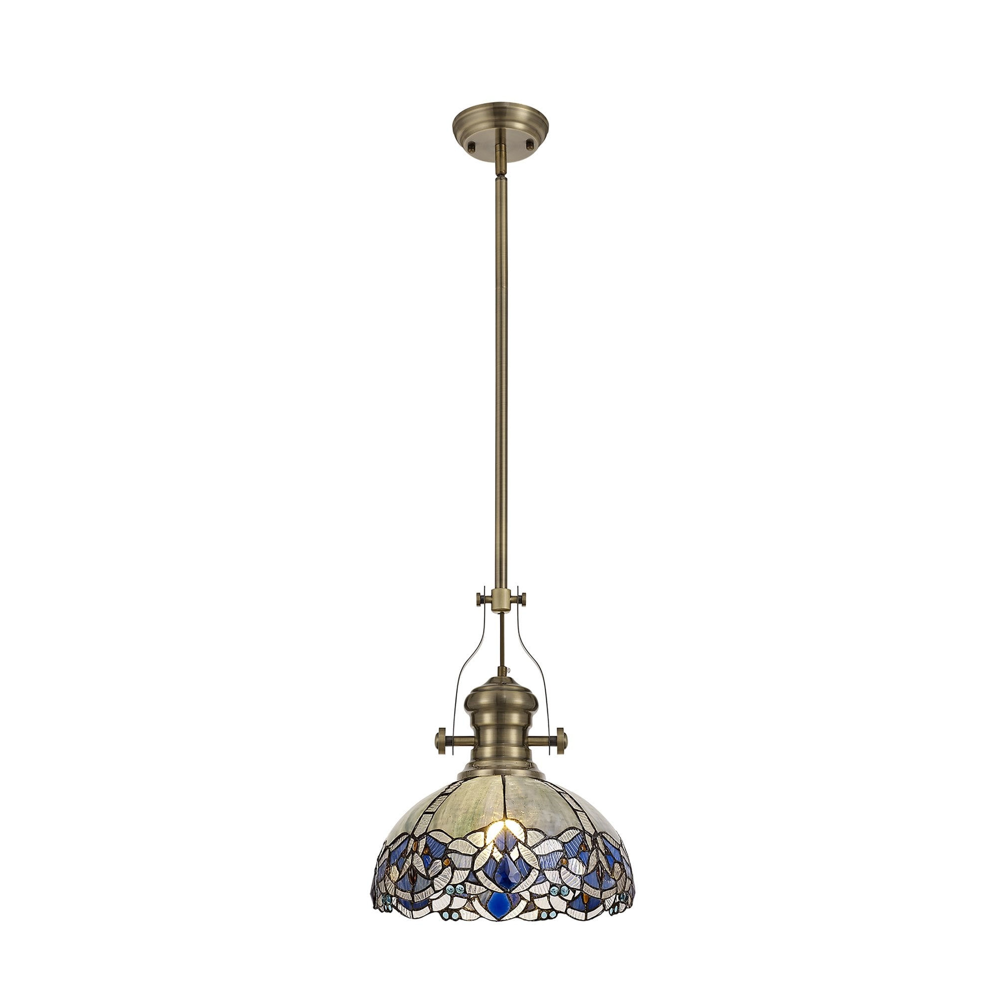 Fabula Newmans Single Pendant - 30cm Tiffany Shade - Antique Brass & Blue