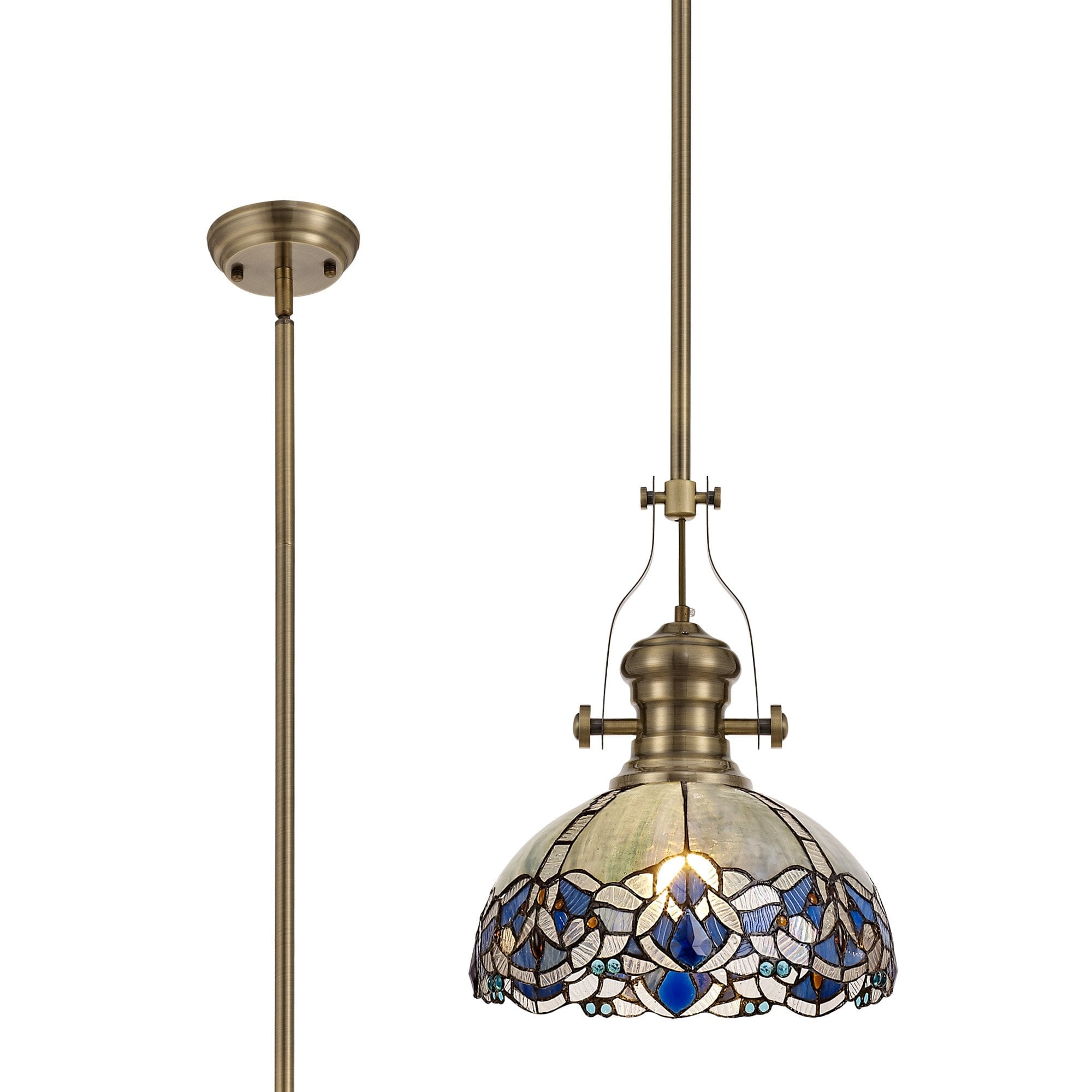 Fabula Newmans Single Pendant - 30cm Tiffany Shade - Antique Brass & Blue