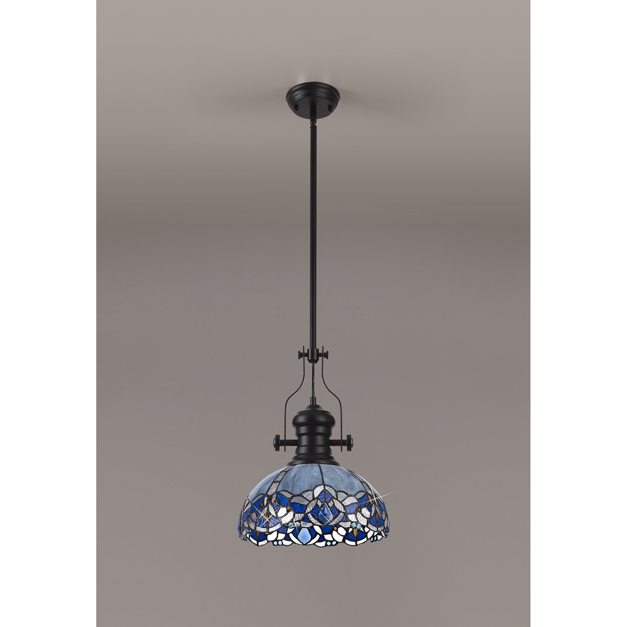 Fabula Newmans Single Pendant - 30cm Tiffany Shade - Matt Black & Blue
