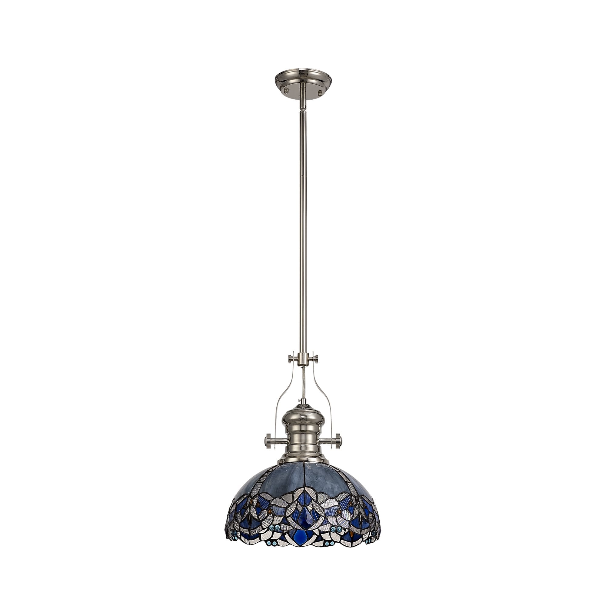 Fabula Newmans Single Pendant - 30cm Tiffany Shade - Polished Nickel & Blue