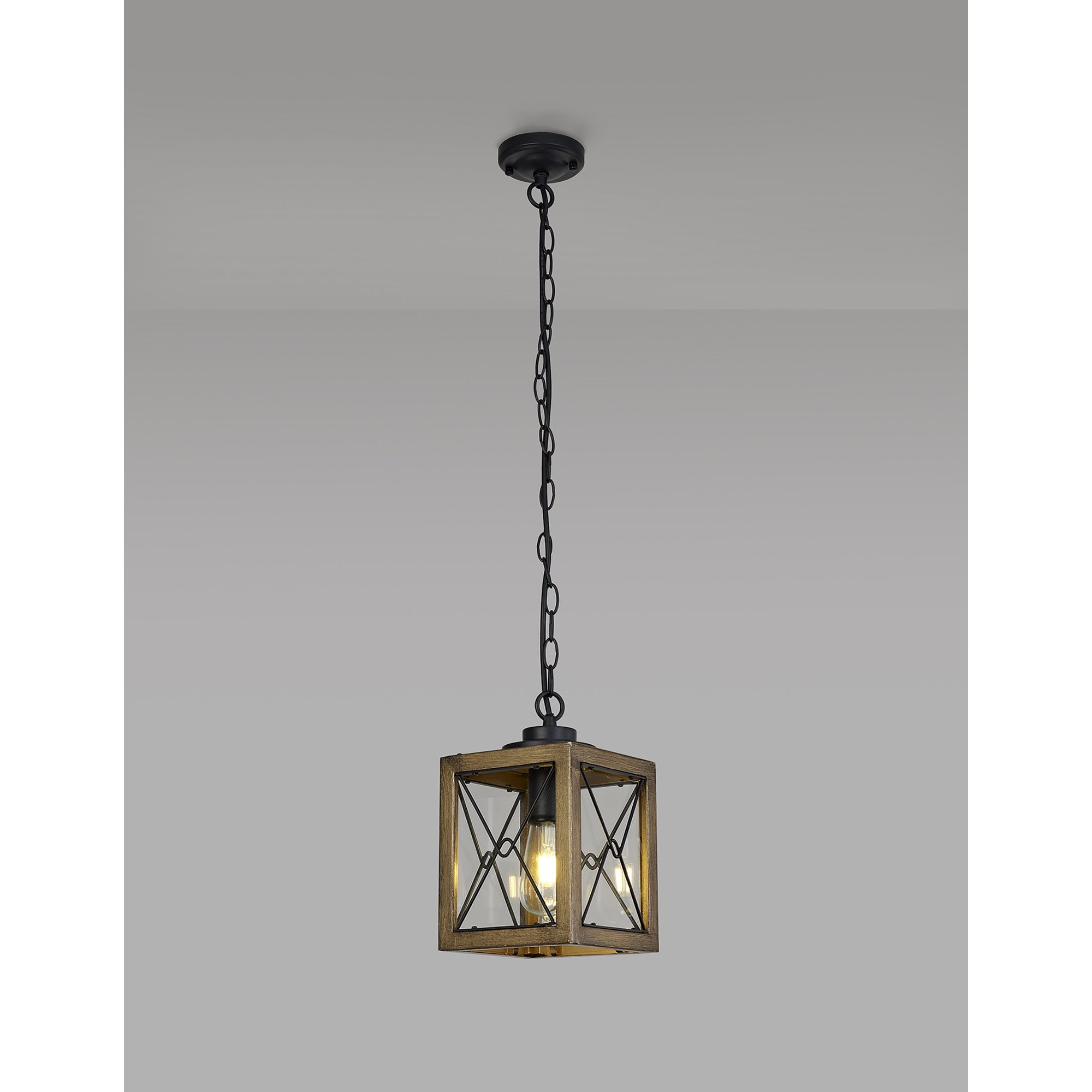 Fabula Sandford Single Pendant - Wood Effect, Black & Clear Glass - IP54