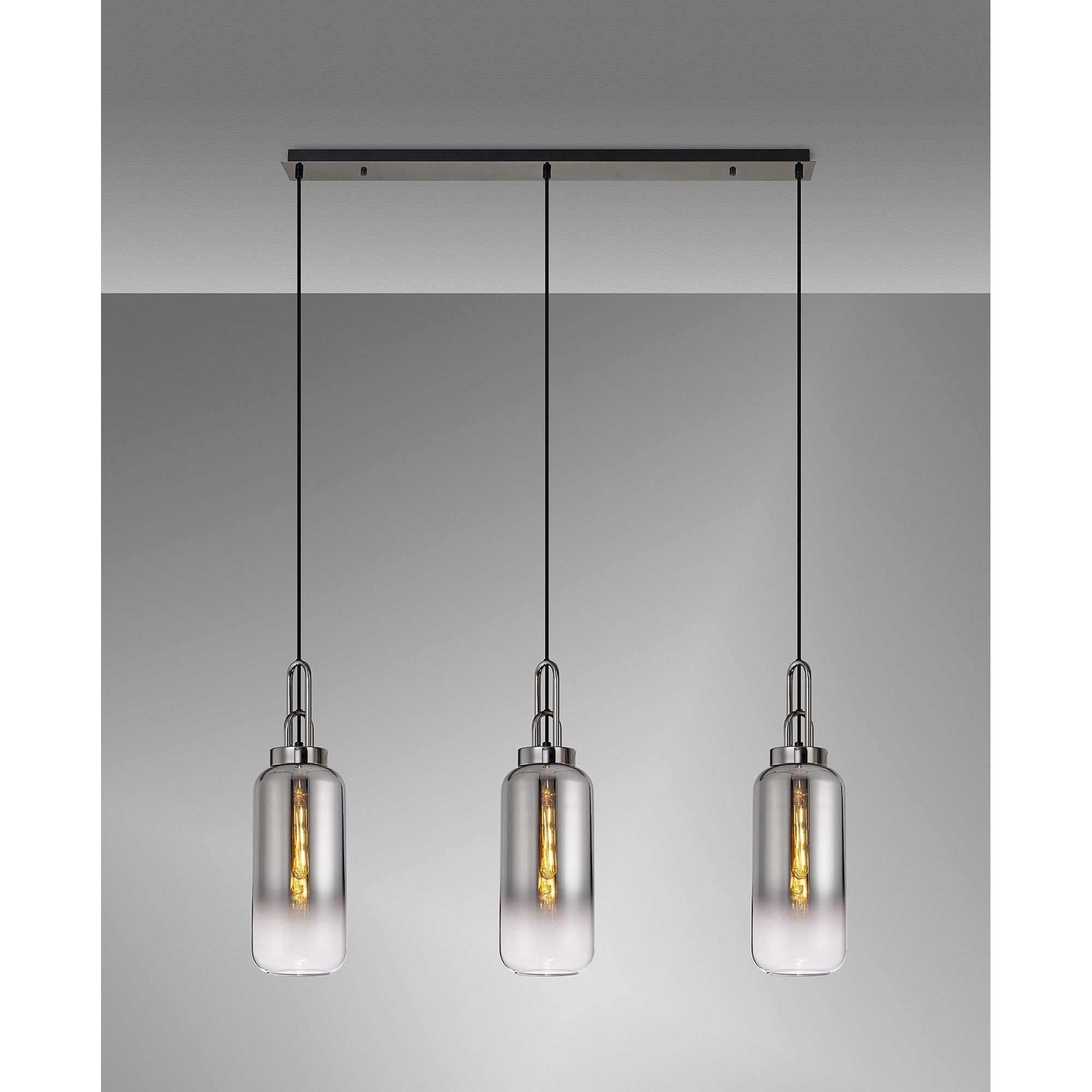 Fabula Springfield 3 Light Linear Pendant - 16cm Cylinder Glass Shades - Black Chrome & Smoked Fade Glass