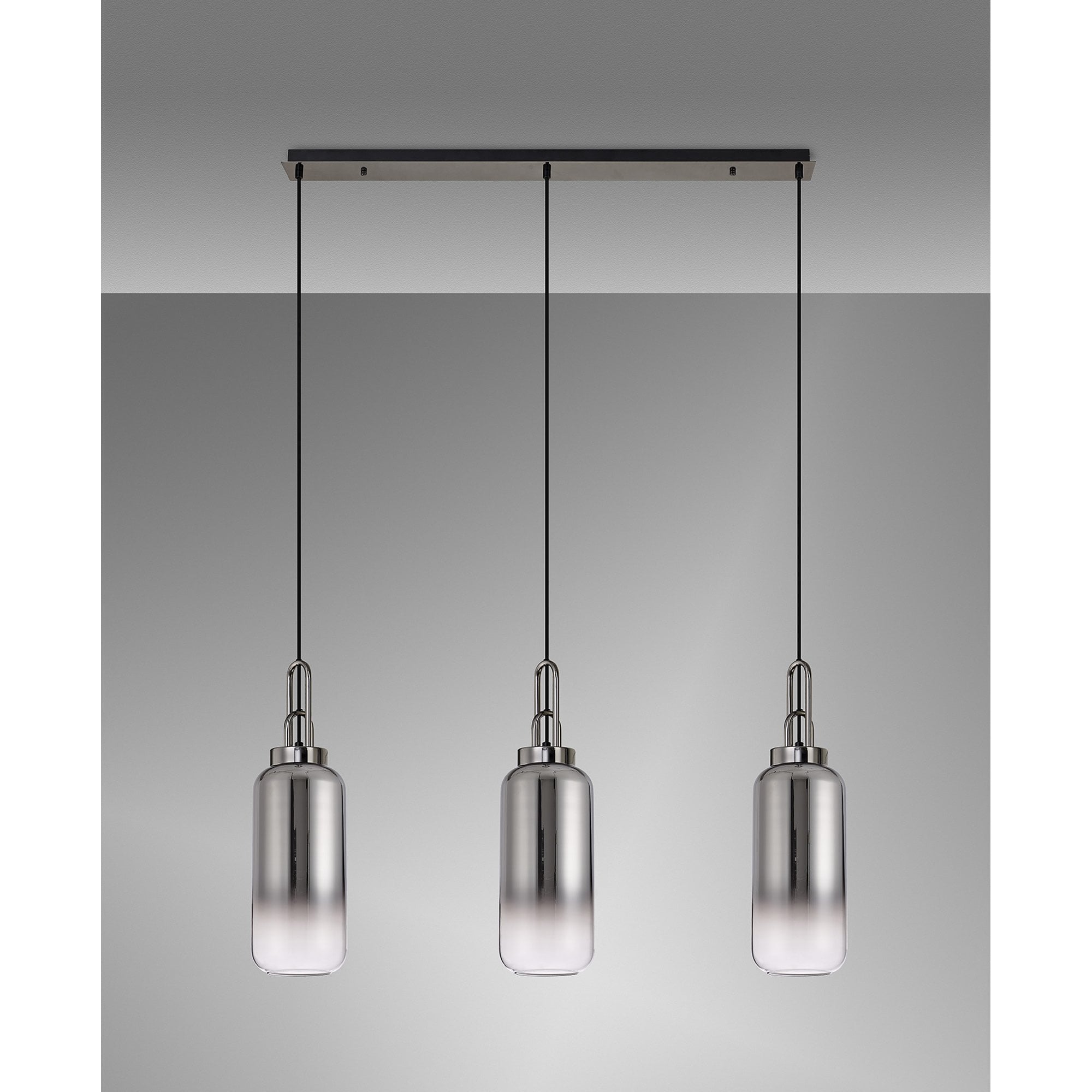 Fabula Springfield 3 Light Linear Pendant - 16cm Cylinder Glass Shades - Black Chrome & Smoked Fade Glass