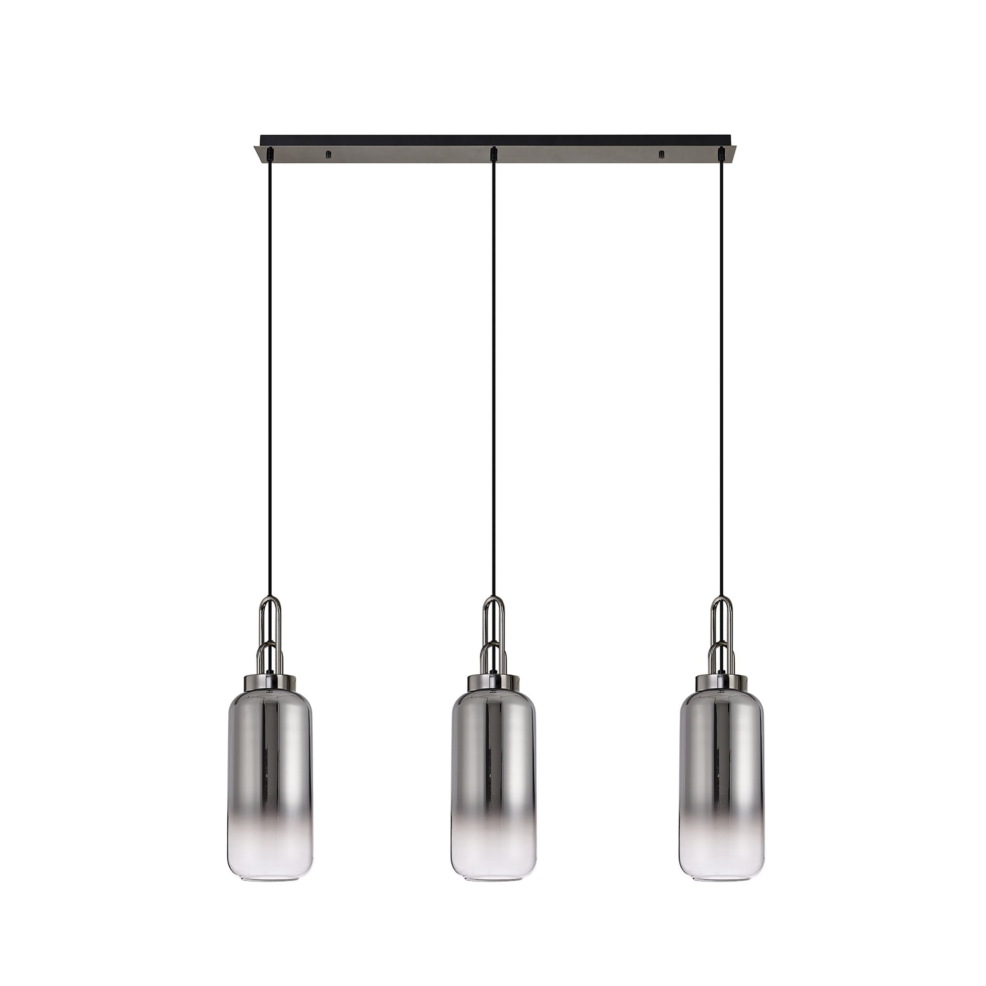 Fabula Springfield 3 Light Linear Pendant - 16cm Cylinder Glass Shades - Black Chrome & Smoked Fade Glass