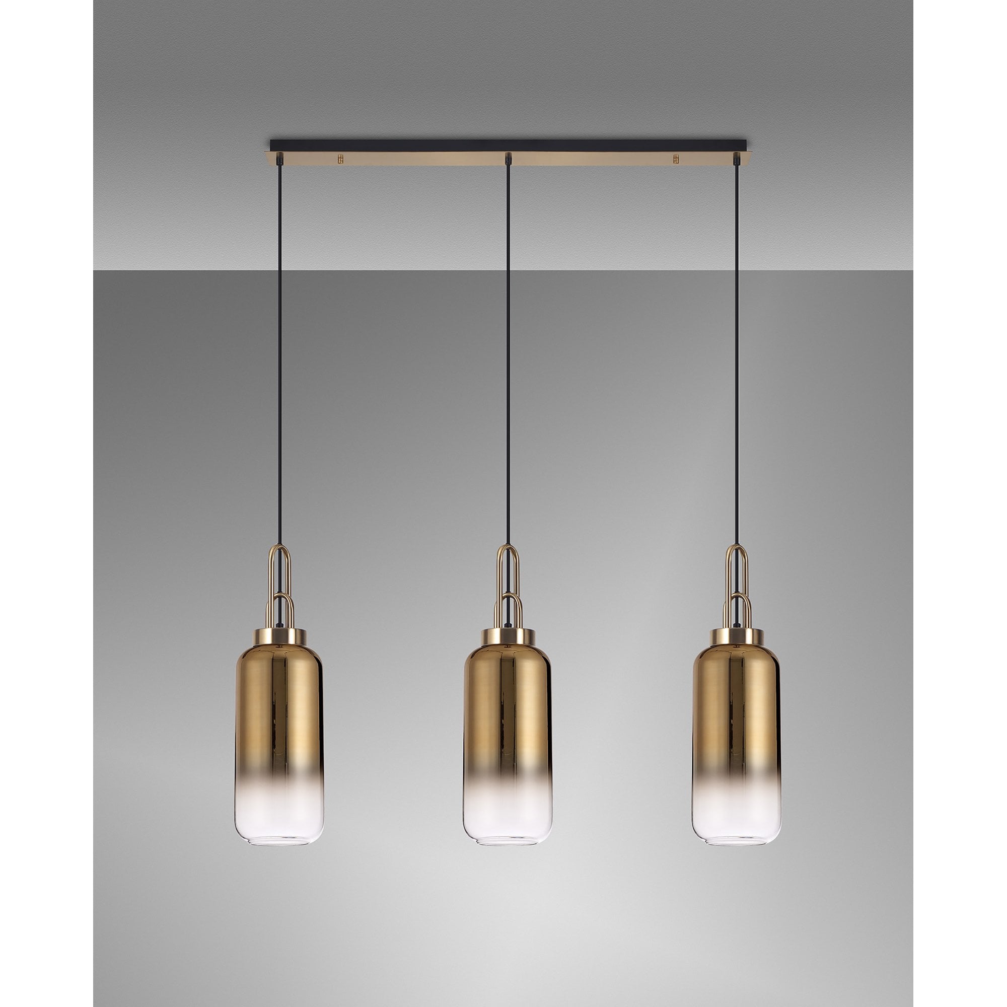 Fabula Springfield 3 Light Linear Pendant - 16cm Cylinder Glass Shades - Brass Gold & Brass Gold Fade Glass