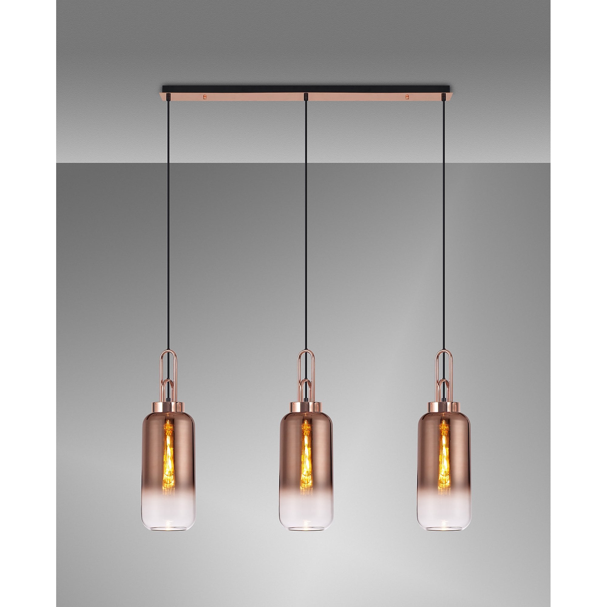 Fabula Springfield 3 Light Linear Pendant - 16cm Cylinder Glass Shades - Copper & Copper Fade Glass