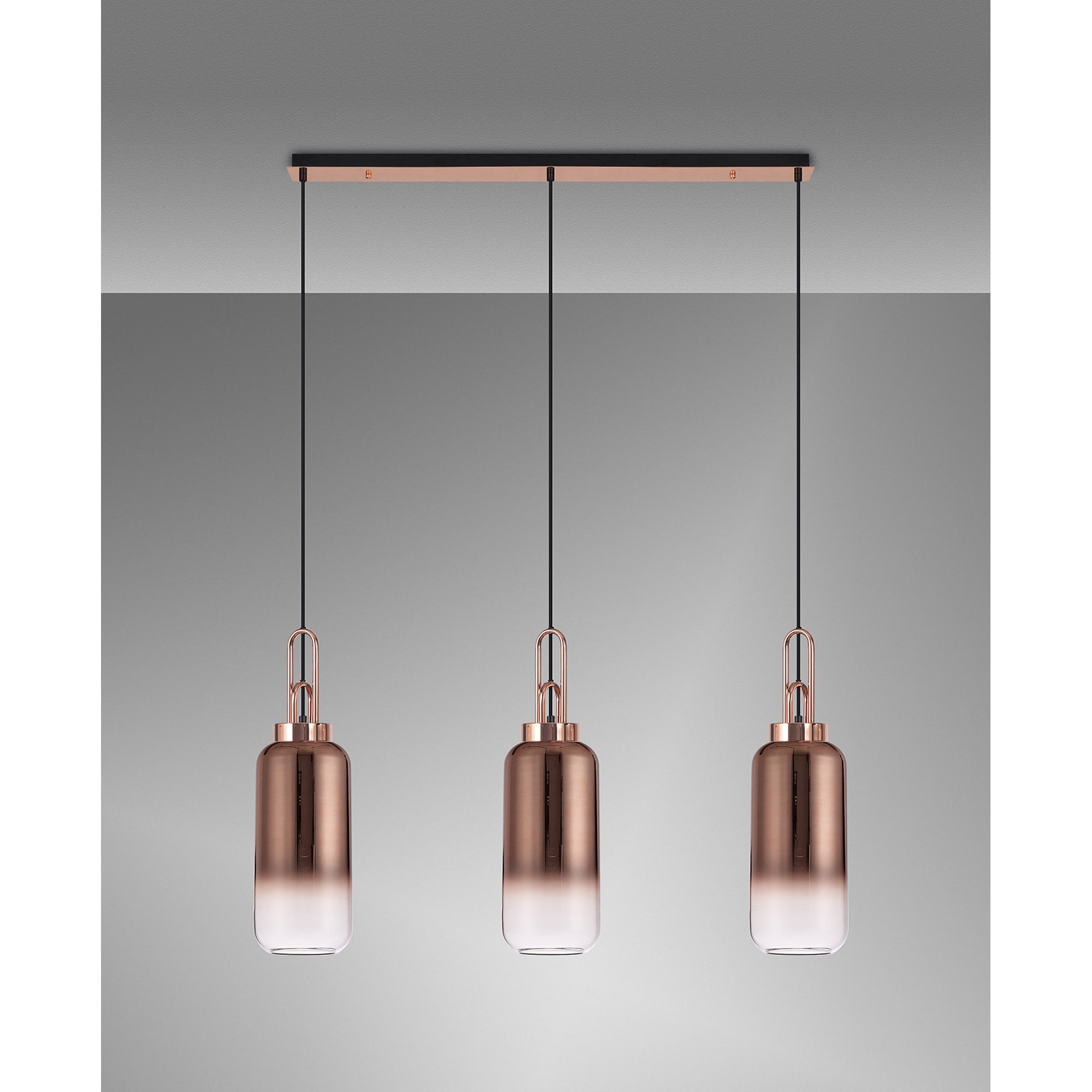 Fabula Springfield 3 Light Linear Pendant - 16cm Cylinder Glass Shades - Copper & Copper Fade Glass