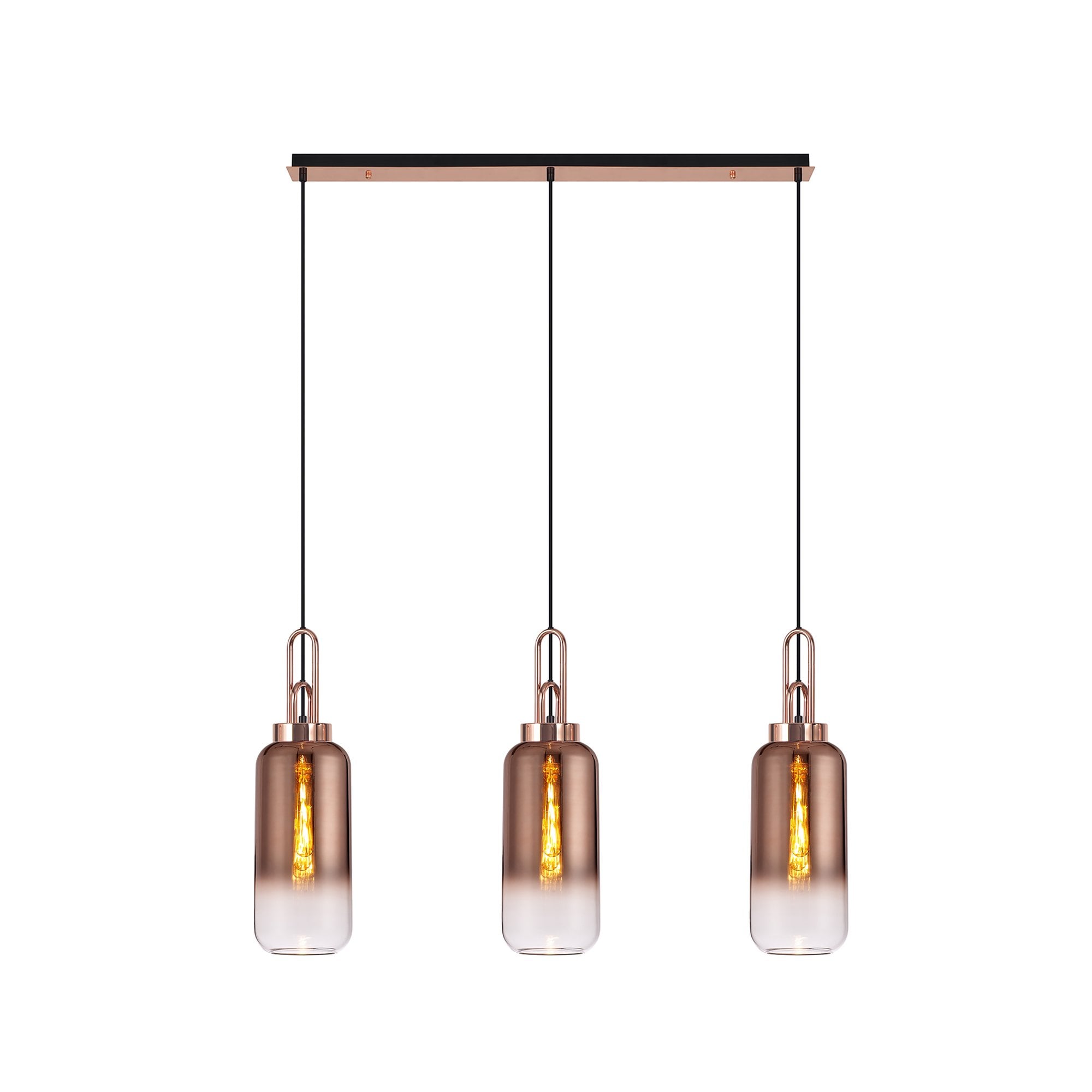 Fabula Springfield 3 Light Linear Pendant - 16cm Cylinder Glass Shades - Copper & Copper Fade Glass