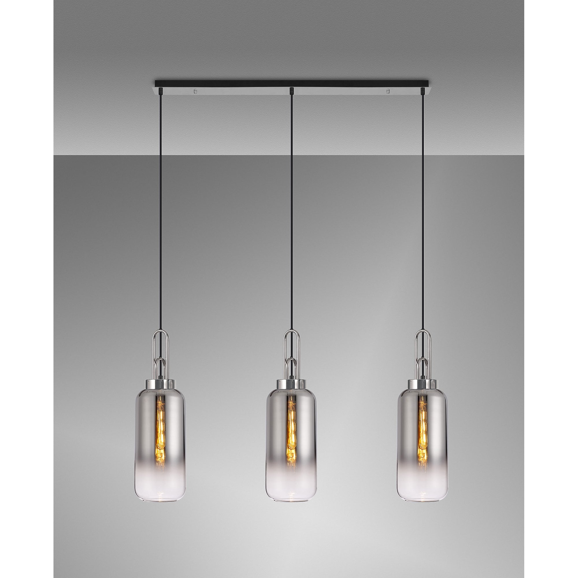 Fabula Springfield 3 Light Linear Pendant - 16cm Cylinder Glass Shades - Polished Nickel & Smoked Fade Glass