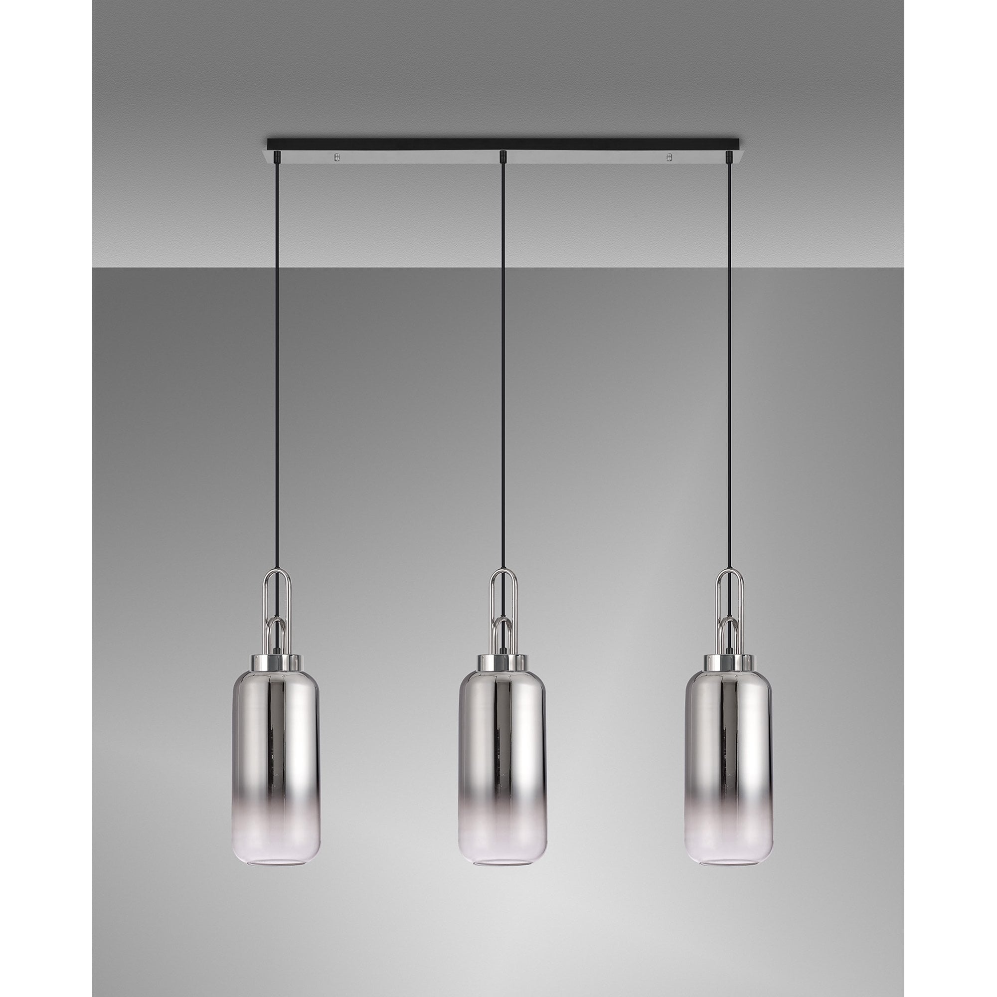 Fabula Springfield 3 Light Linear Pendant - 16cm Cylinder Glass Shades - Polished Nickel & Smoked Fade Glass