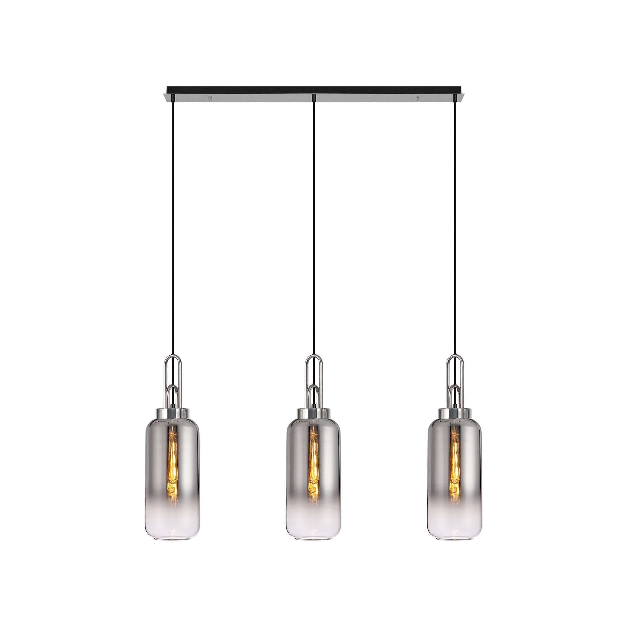 Fabula Springfield 3 Light Linear Pendant - 16cm Cylinder Glass Shades - Polished Nickel & Smoked Fade Glass