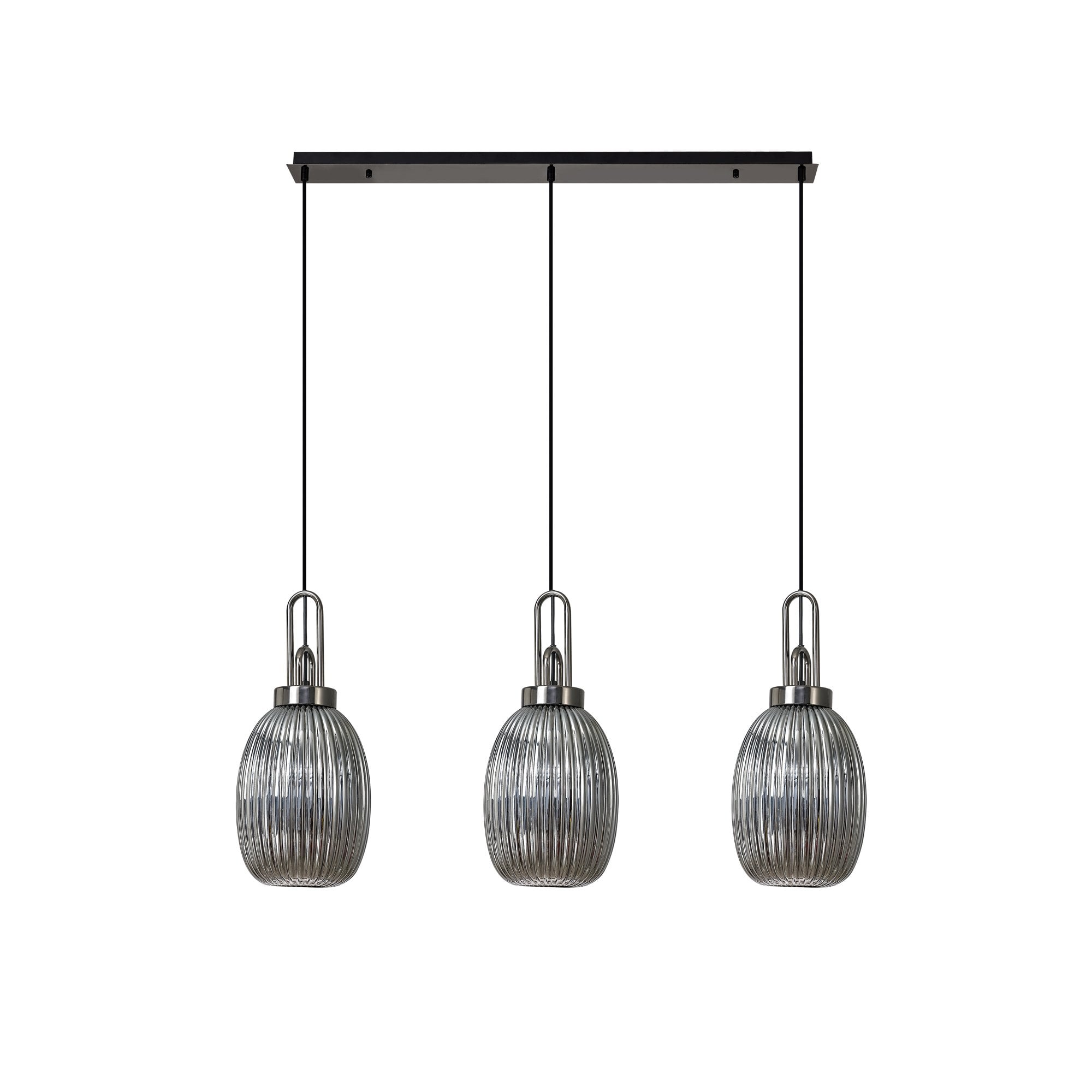 Fabula Springfield 3 Light Linear Pendant - 20cm Almond Ribbed Glass Shades - Black Chrome & Smoked Glass
