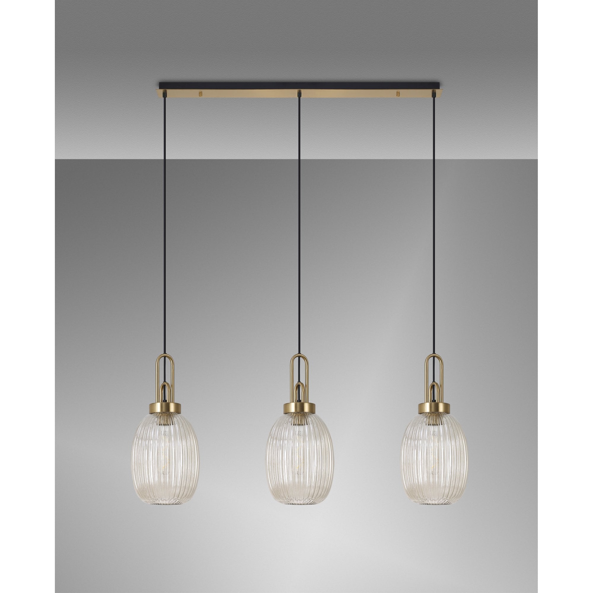 Fabula Springfield 3 Light Linear Pendant - 20cm Almond Ribbed Glass Shades - Brass Gold & Champagne Glass