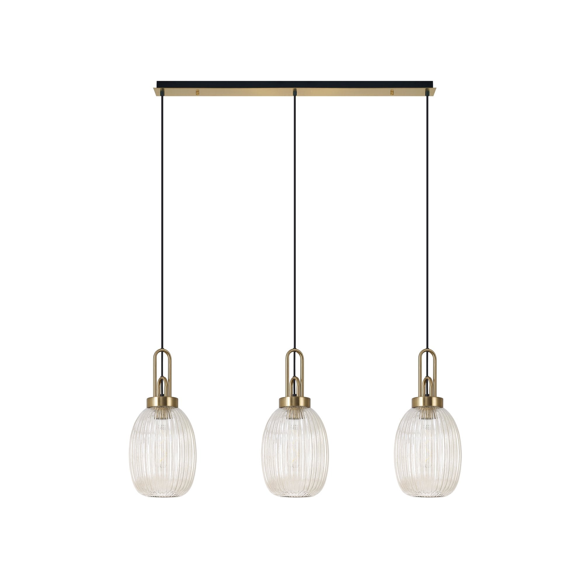 Fabula Springfield 3 Light Linear Pendant - 20cm Almond Ribbed Glass Shades - Brass Gold & Champagne Glass
