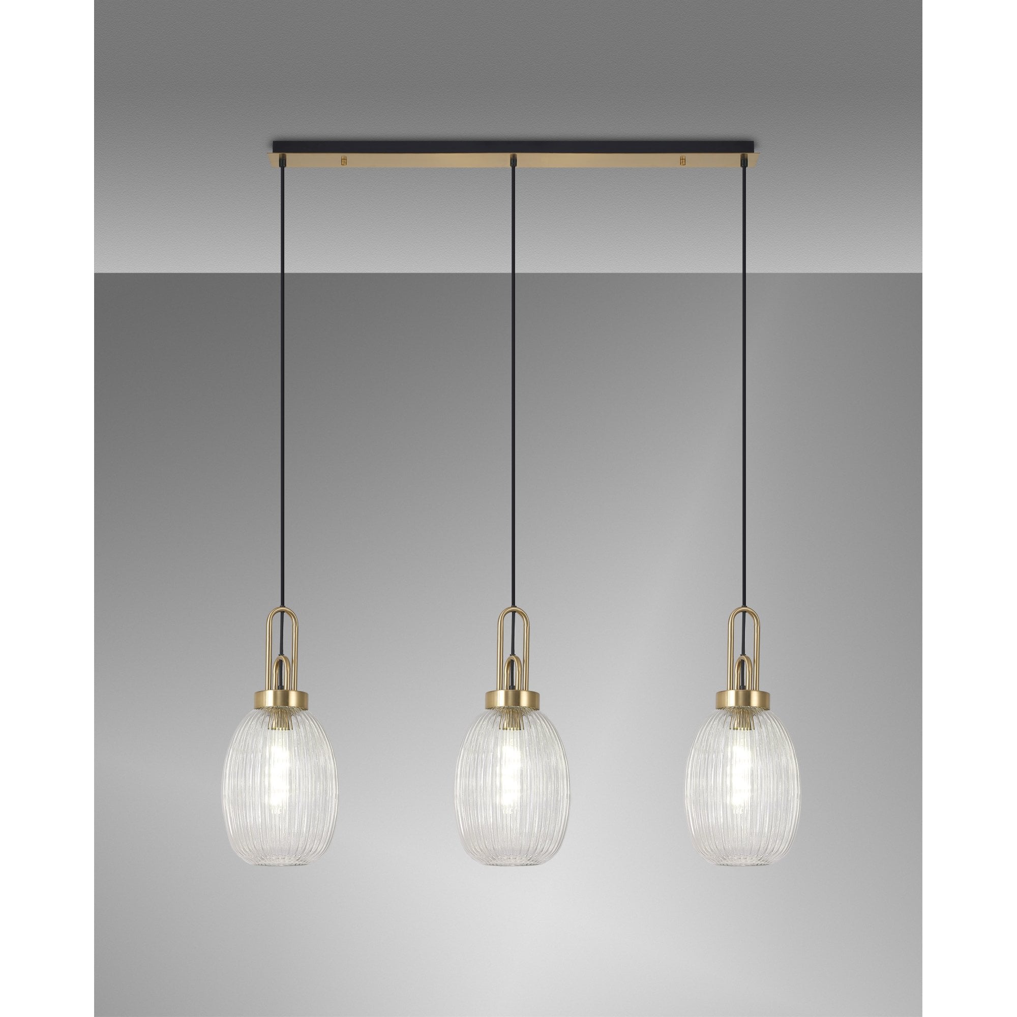 Fabula Springfield 3 Light Linear Pendant - 20cm Almond Ribbed Glass Shades - Brass Gold & Clear Glass