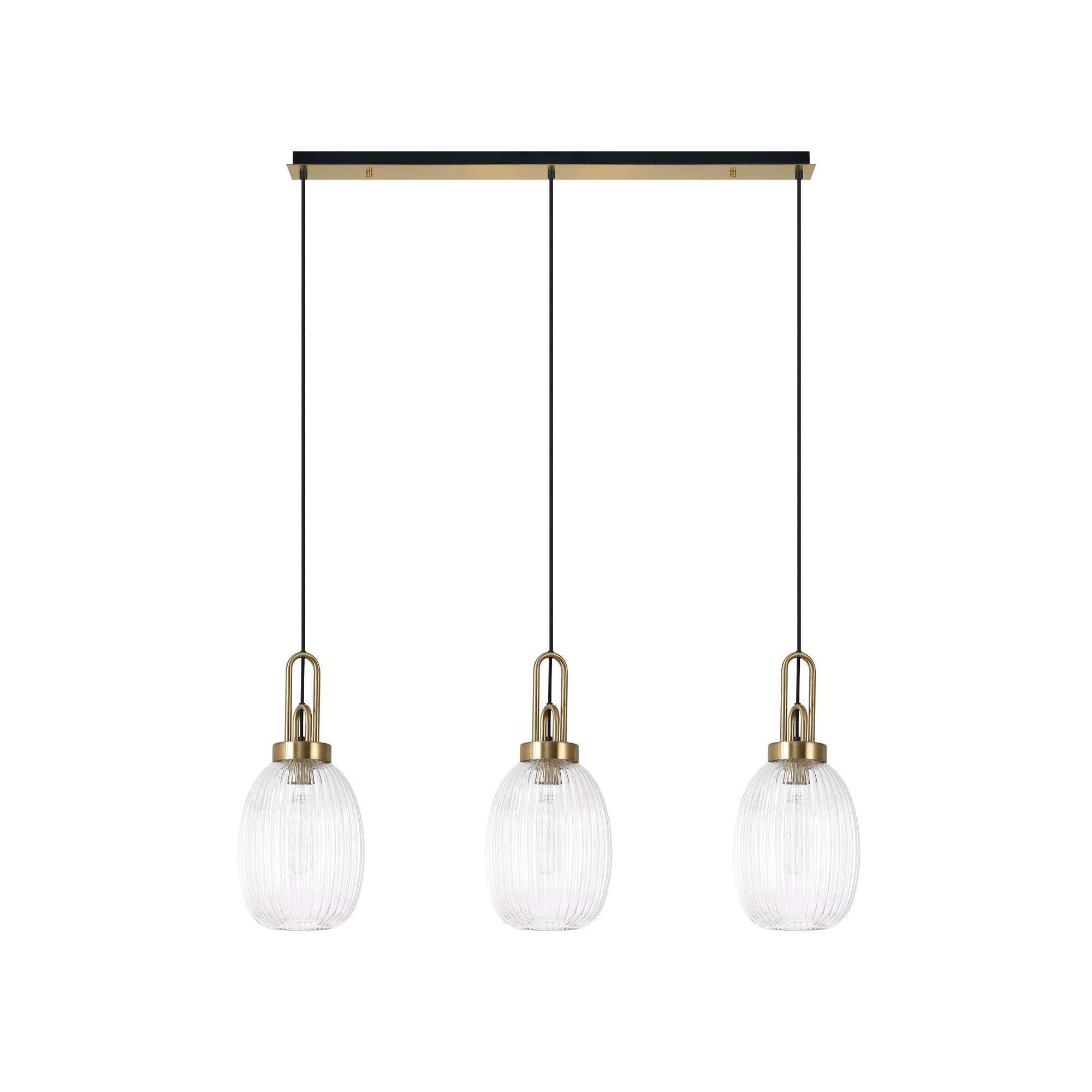 Fabula Springfield 3 Light Linear Pendant - 20cm Almond Ribbed Glass Shades - Brass Gold & Clear Glass