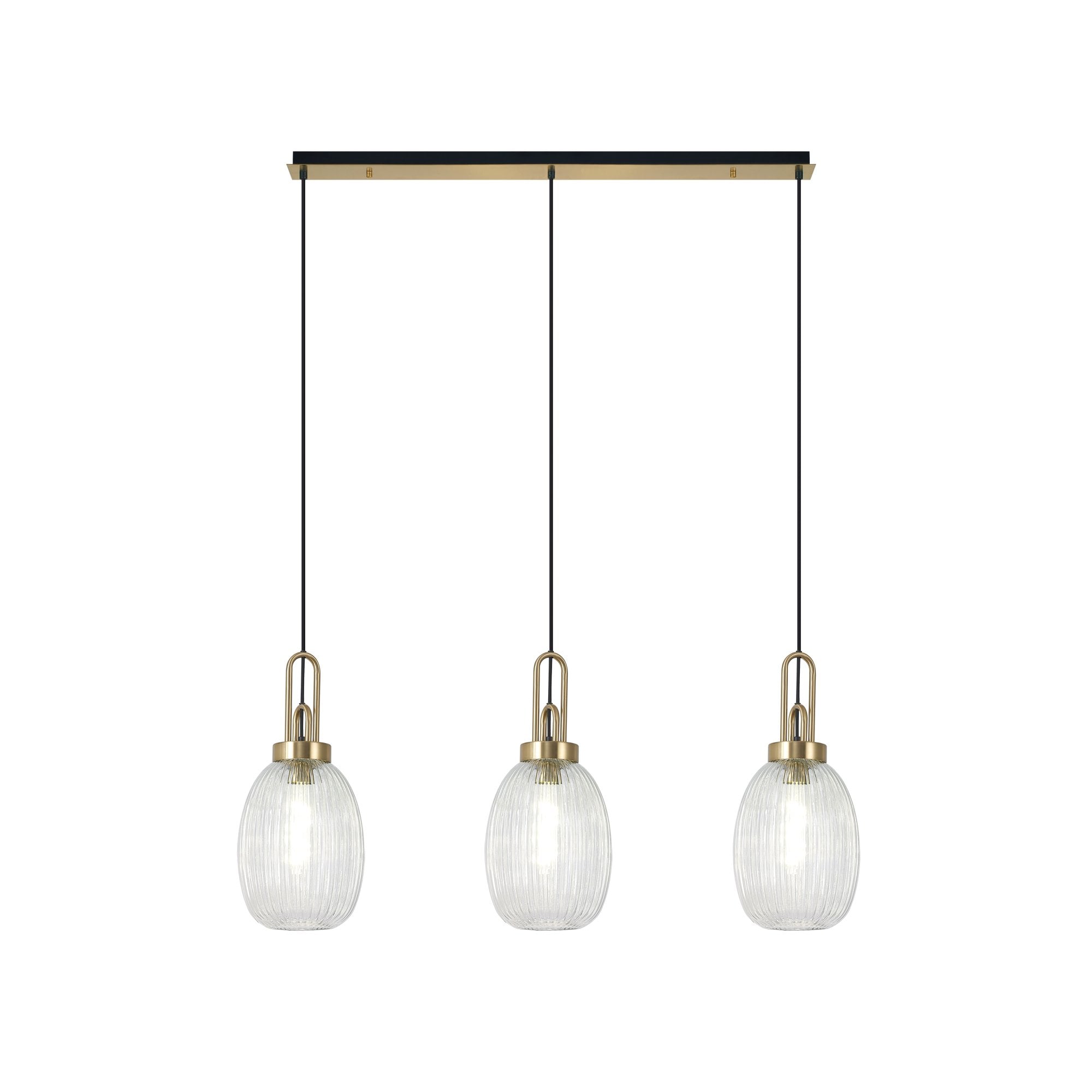 Fabula Springfield 3 Light Linear Pendant - 20cm Almond Ribbed Glass Shades - Brass Gold & Clear Glass