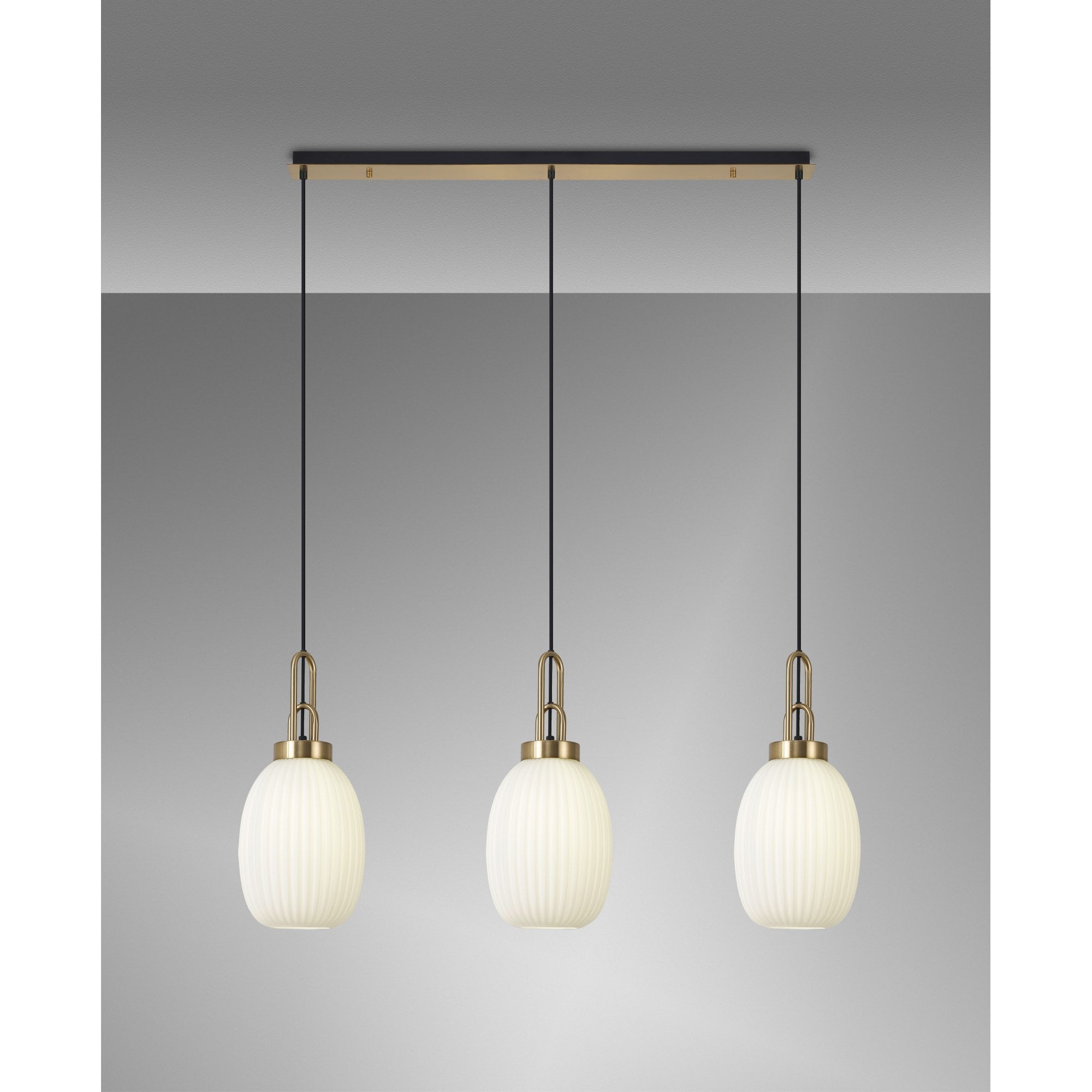Fabula Springfield 3 Light Linear Pendant - 20cm Almond Ribbed Glass Shades - Brass Gold & Opal Glass