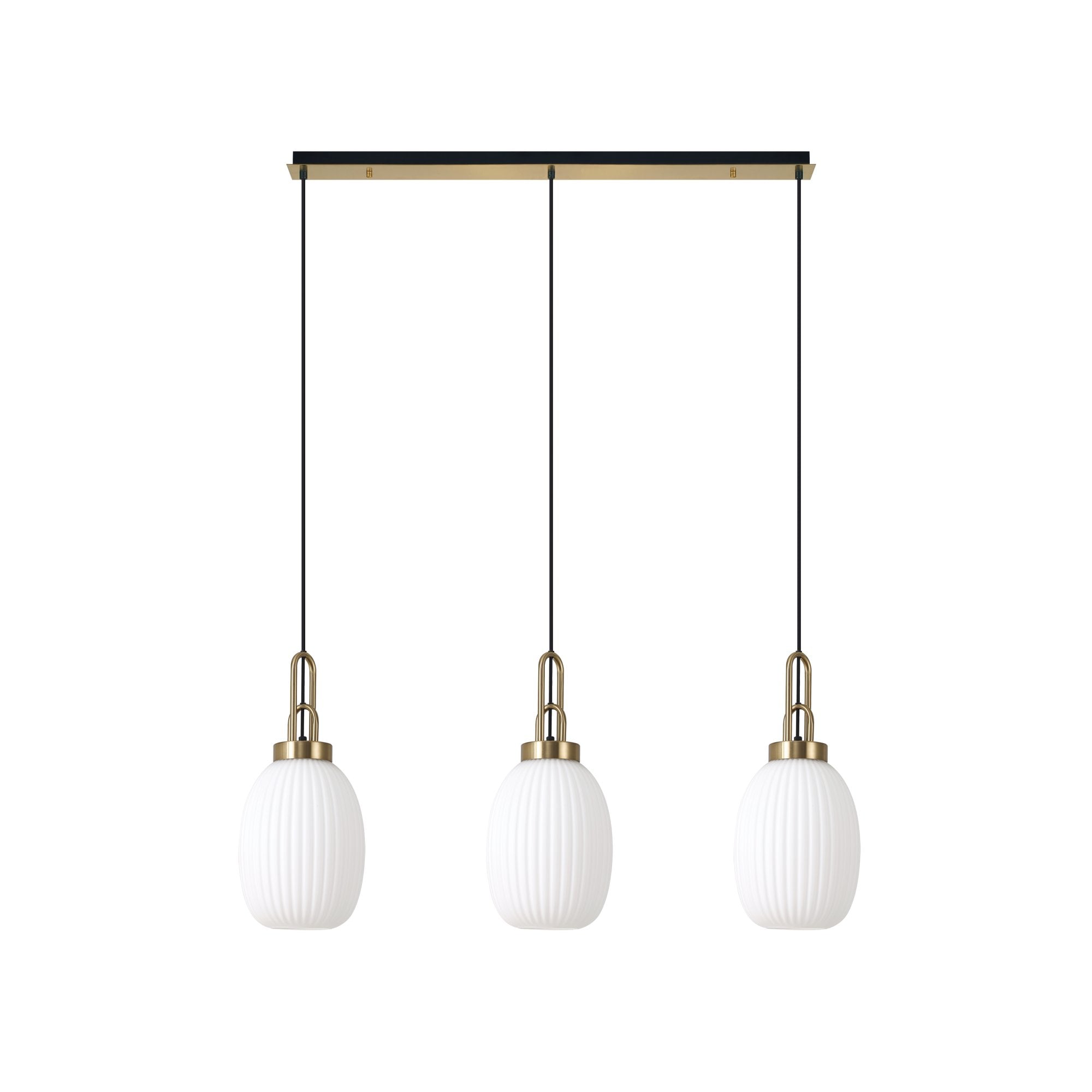 Fabula Springfield 3 Light Linear Pendant - 20cm Almond Ribbed Glass Shades - Brass Gold & Opal Glass