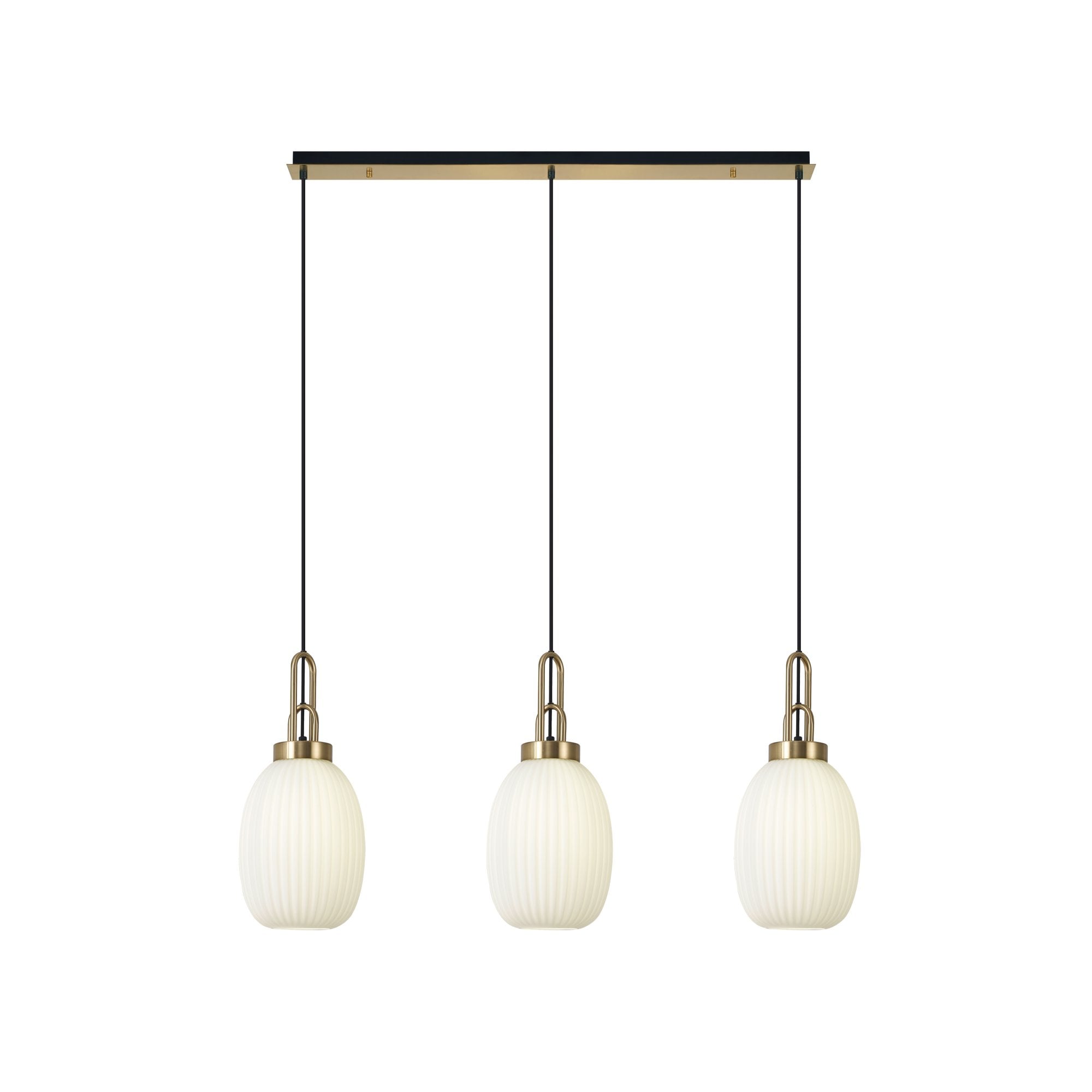 Fabula Springfield 3 Light Linear Pendant - 20cm Almond Ribbed Glass Shades - Brass Gold & Opal Glass