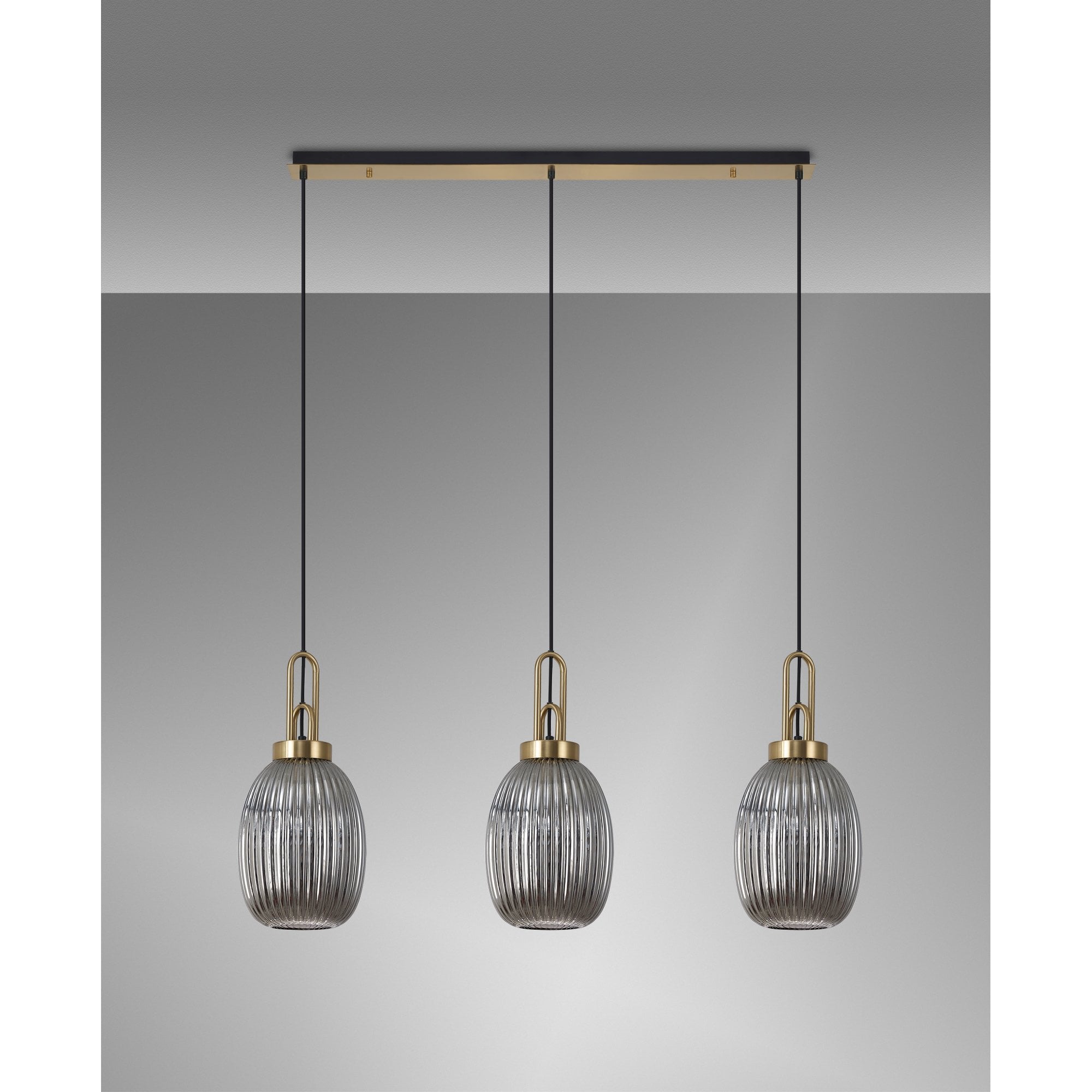 Fabula Springfield 3 Light Linear Pendant - 20cm Almond Ribbed Glass Shades - Brass Gold & Smoked Glass