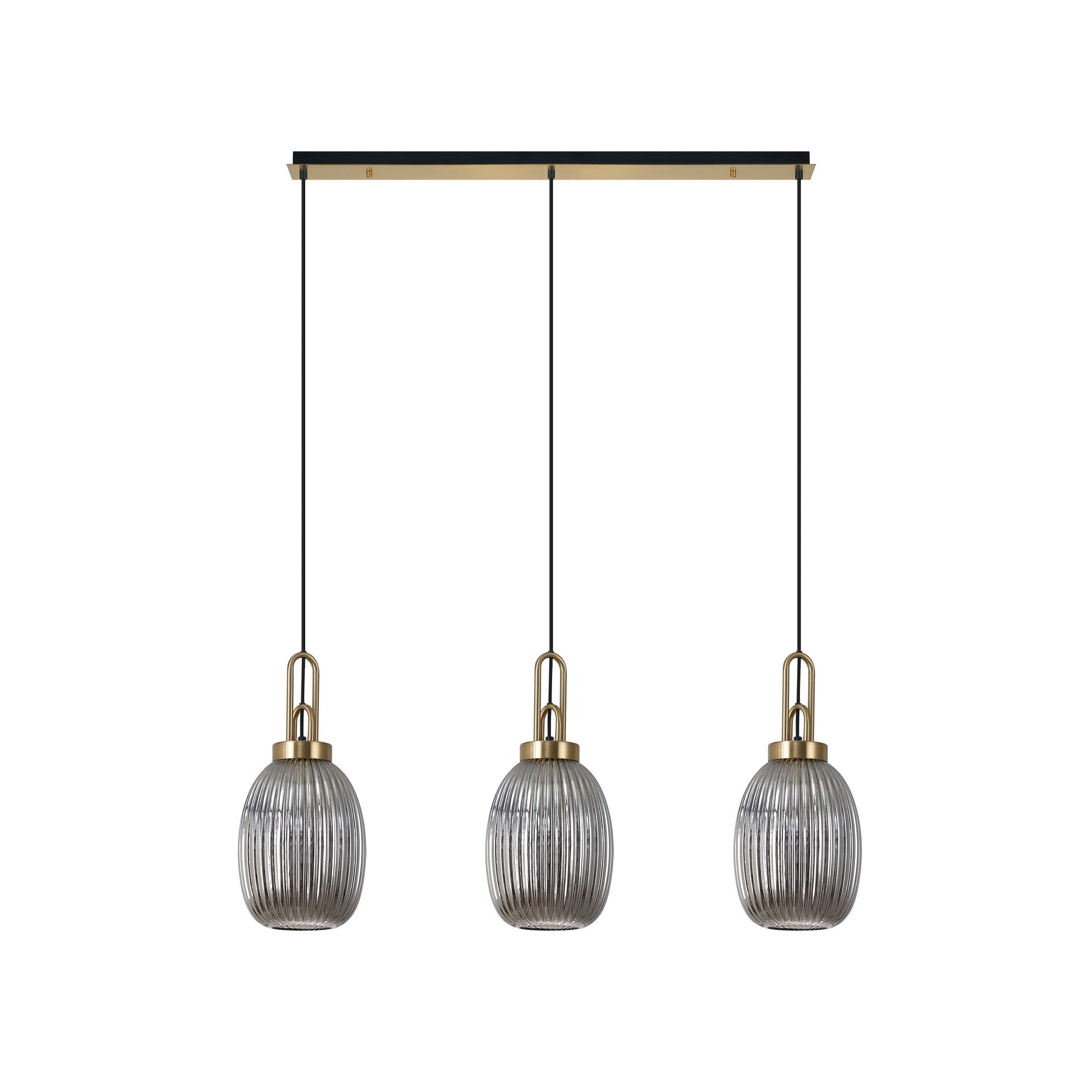 Fabula Springfield 3 Light Linear Pendant - 20cm Almond Ribbed Glass Shades - Brass Gold & Smoked Glass