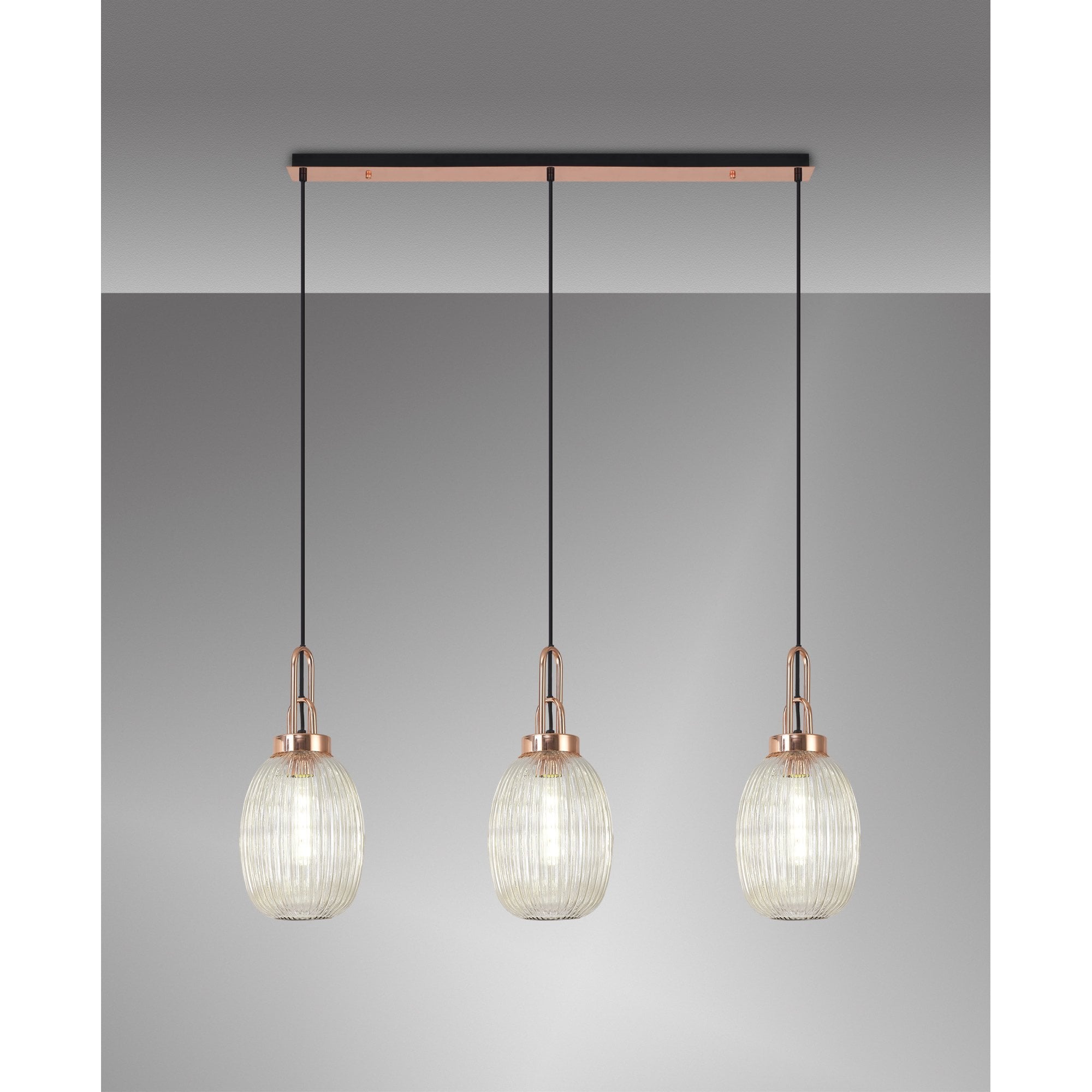 Fabula Springfield 3 Light Linear Pendant - 20cm Almond Ribbed Glass Shades - Copper & Champagne Glass