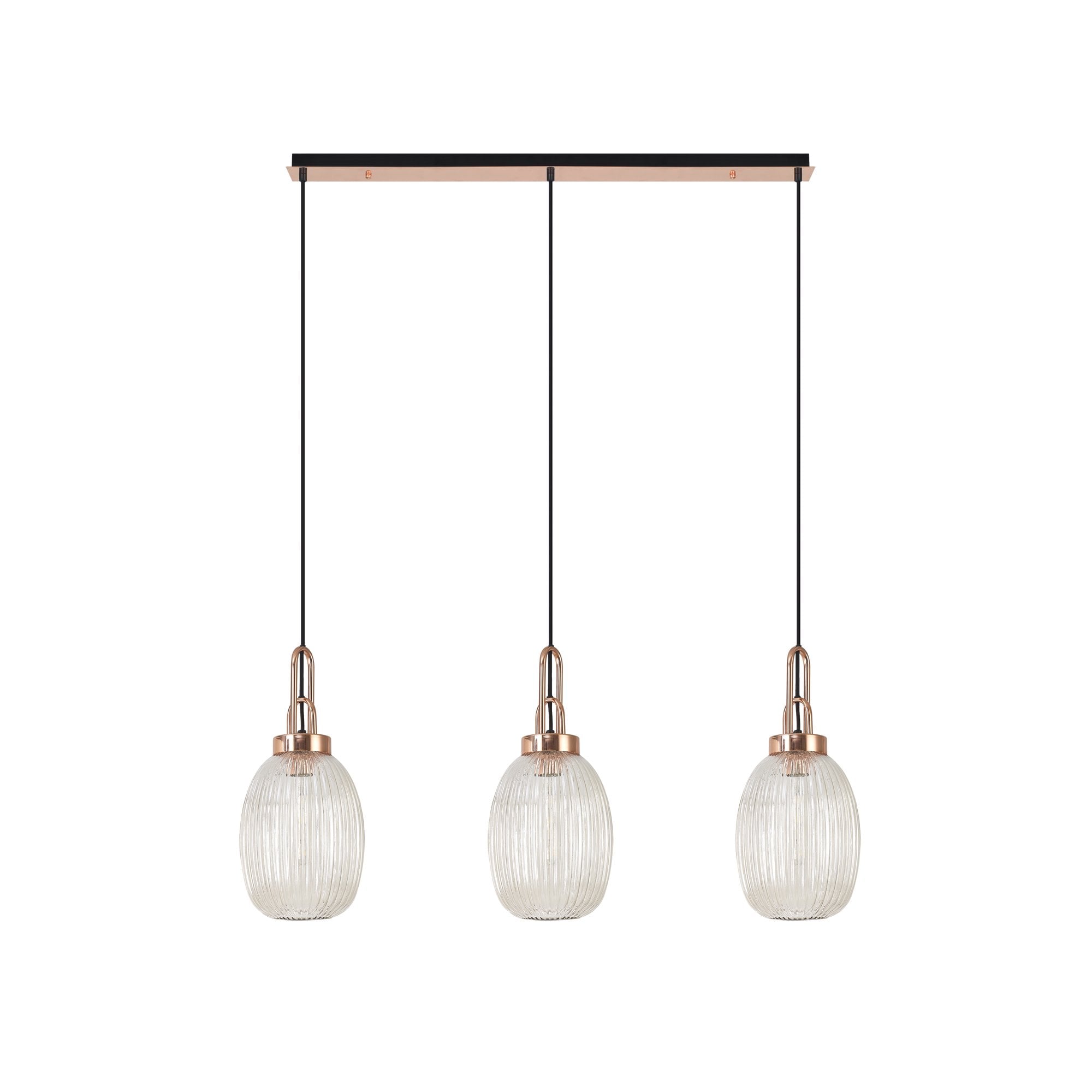 Fabula Springfield 3 Light Linear Pendant - 20cm Almond Ribbed Glass Shades - Copper & Champagne Glass