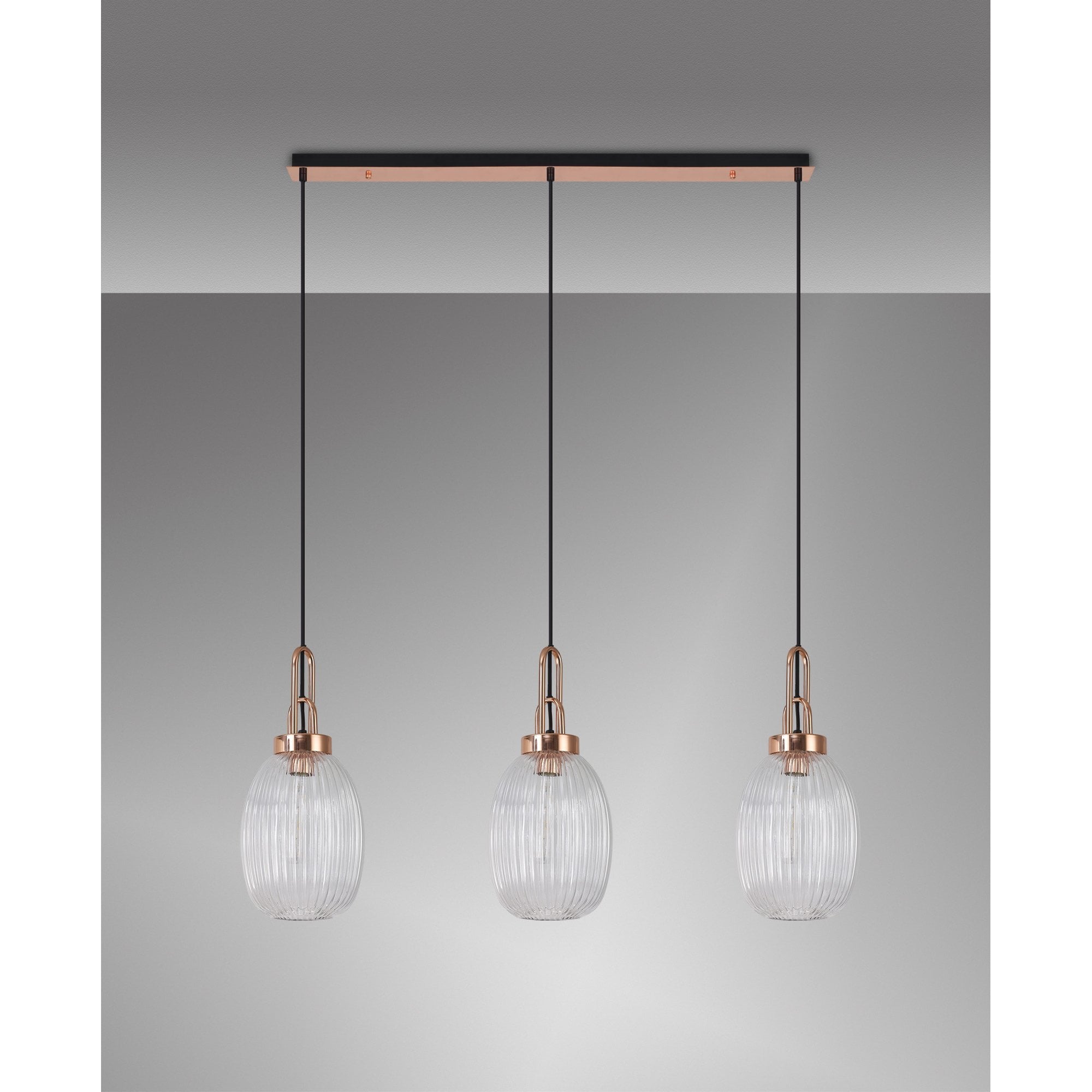 Fabula Springfield 3 Light Linear Pendant - 20cm Almond Ribbed Glass Shades - Copper & Clear Glass