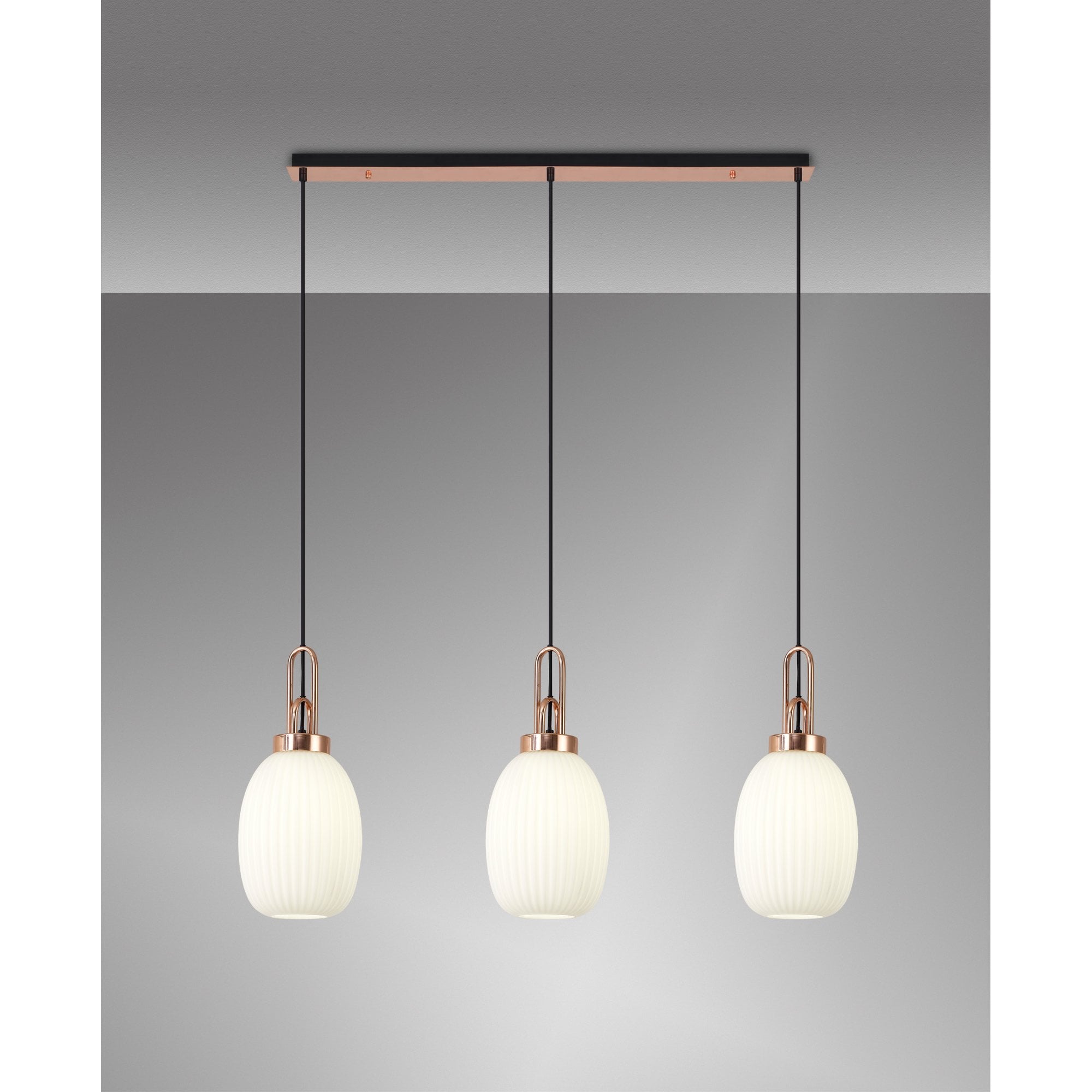 Fabula Springfield 3 Light Linear Pendant - 20cm Almond Ribbed Glass Shades - Copper & Opal Glass
