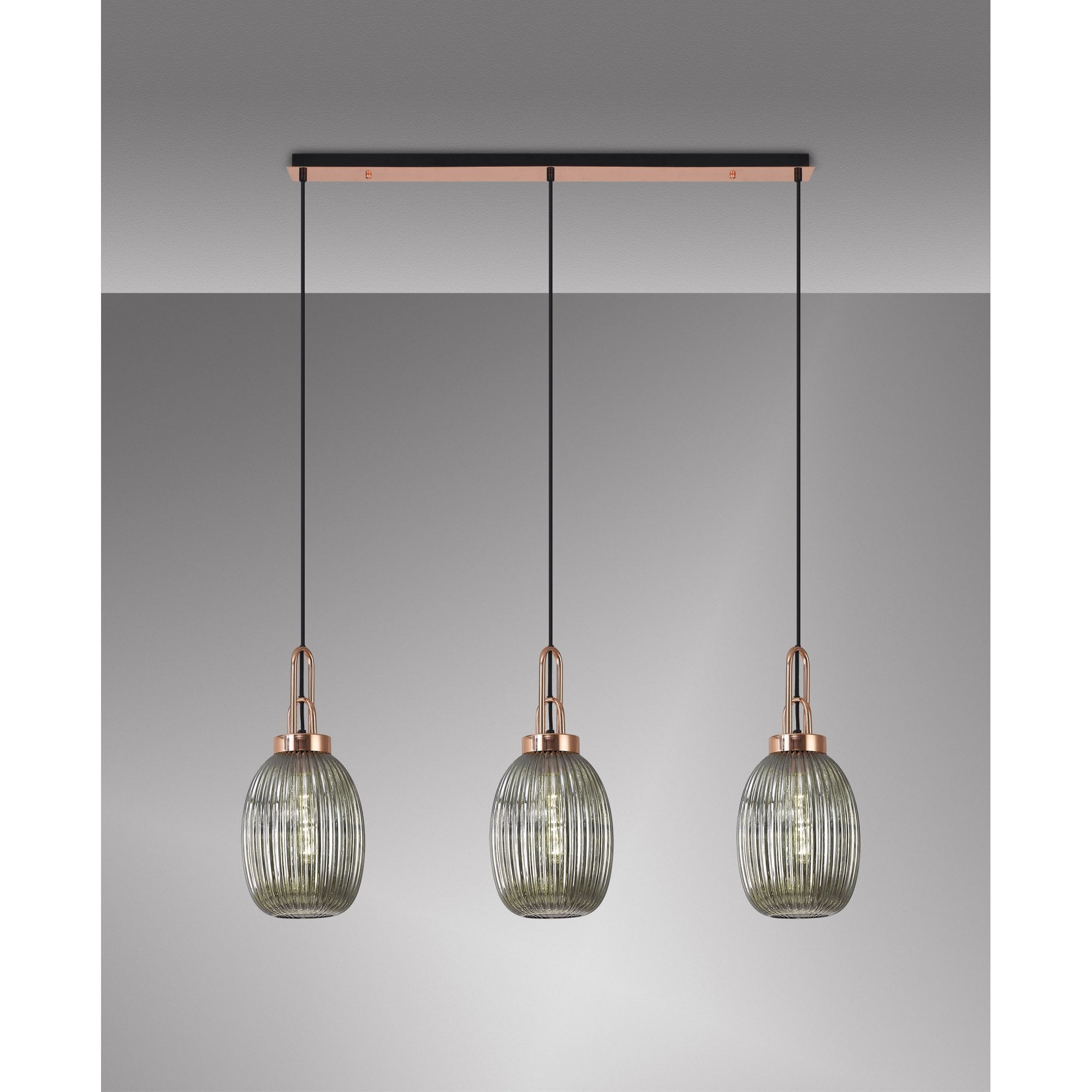Fabula Springfield 3 Light Linear Pendant - 20cm Almond Ribbed Glass Shades - Copper & Smoked Glass