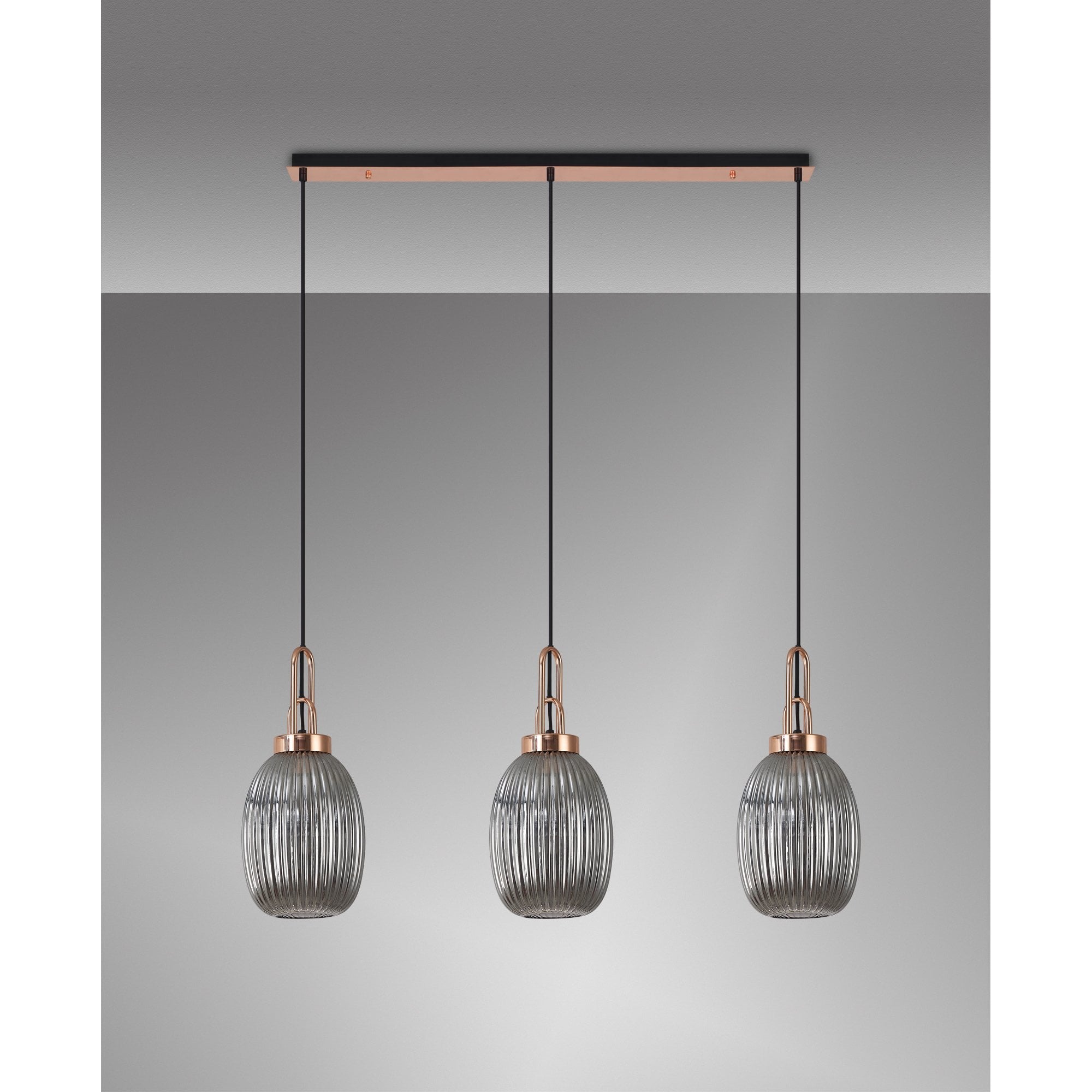 Fabula Springfield 3 Light Linear Pendant - 20cm Almond Ribbed Glass Shades - Copper & Smoked Glass