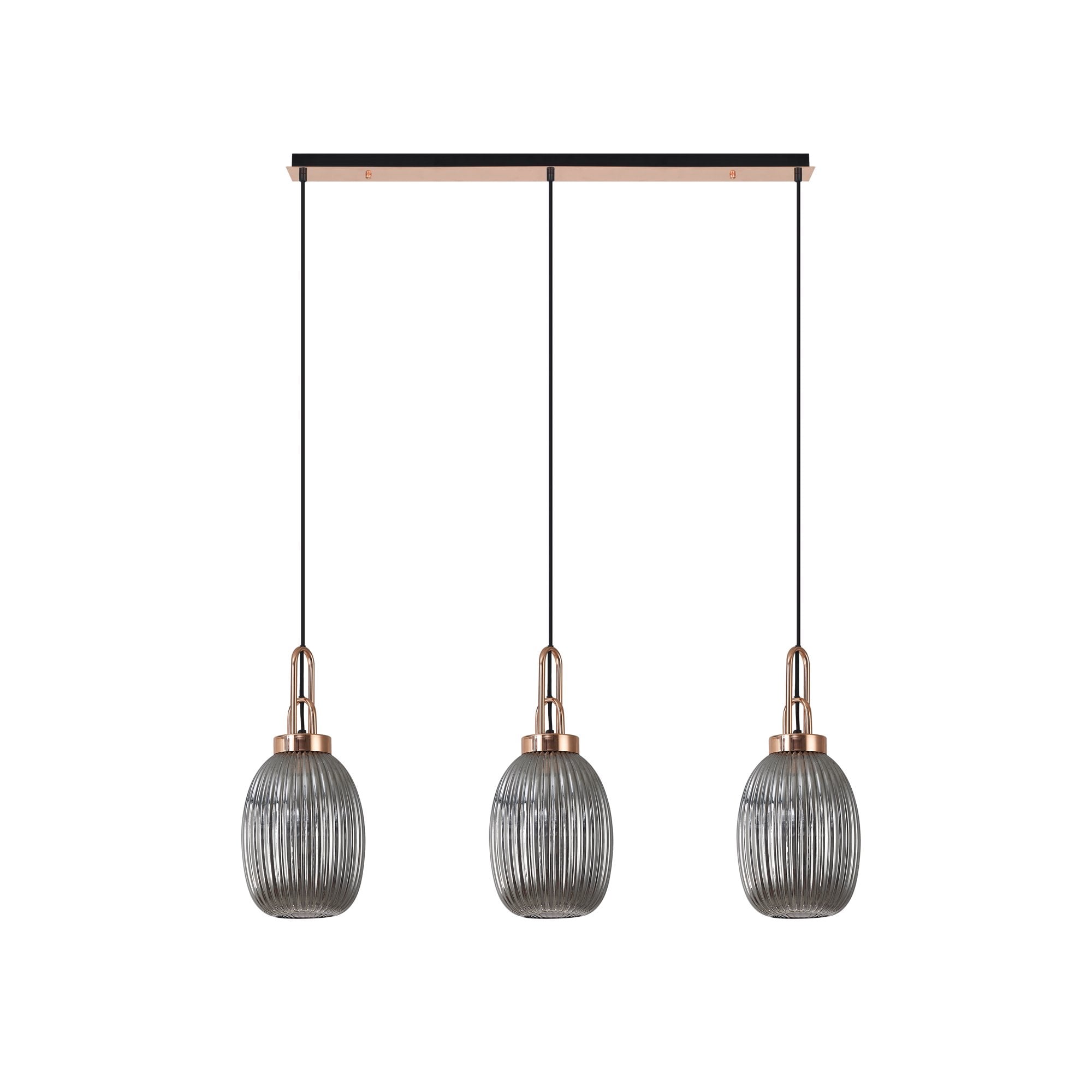 Fabula Springfield 3 Light Linear Pendant - 20cm Almond Ribbed Glass Shades - Copper & Smoked Glass