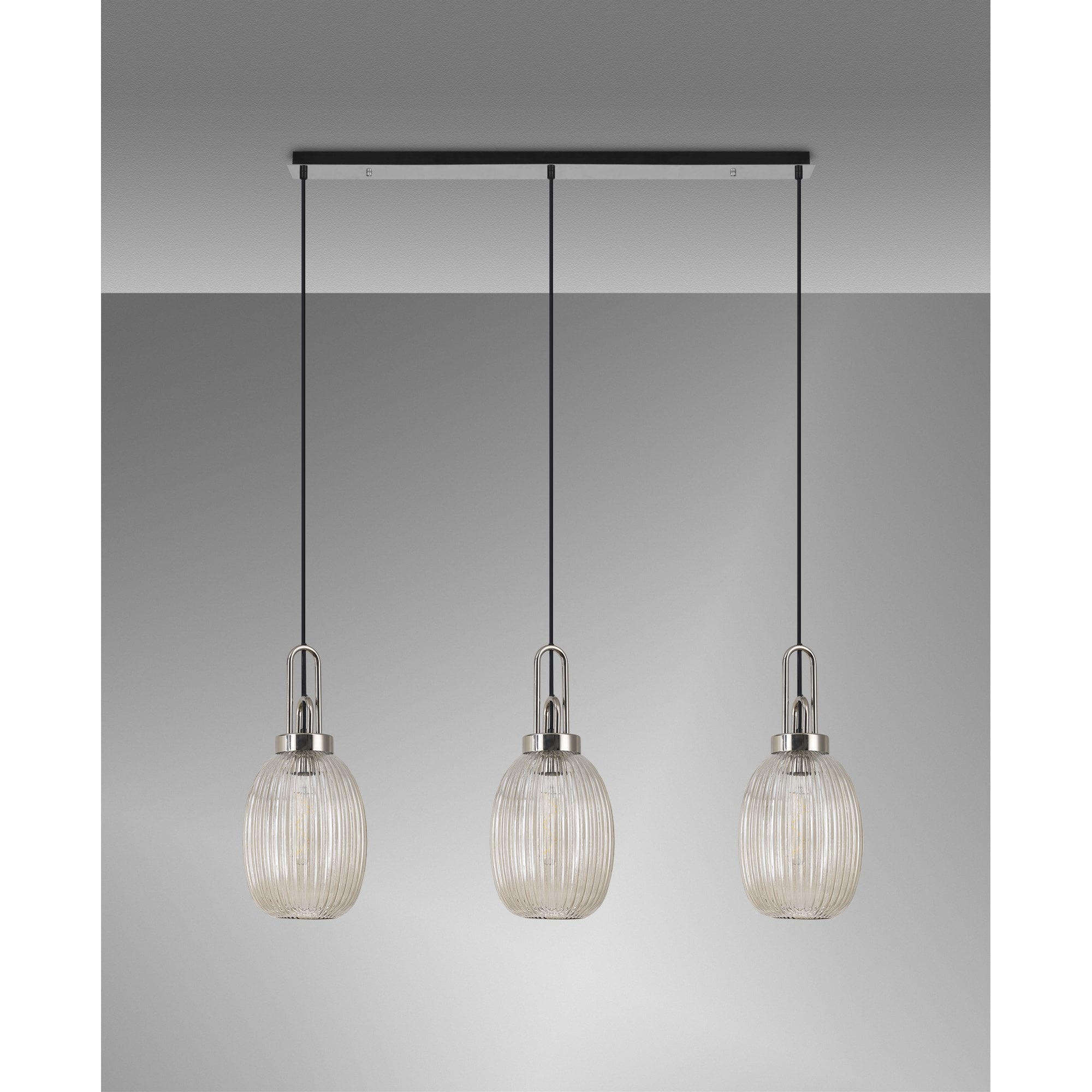 Fabula Springfield 3 Light Linear Pendant - 20cm Almond Ribbed Glass Shades - Polished Nickel & Champagne Glass