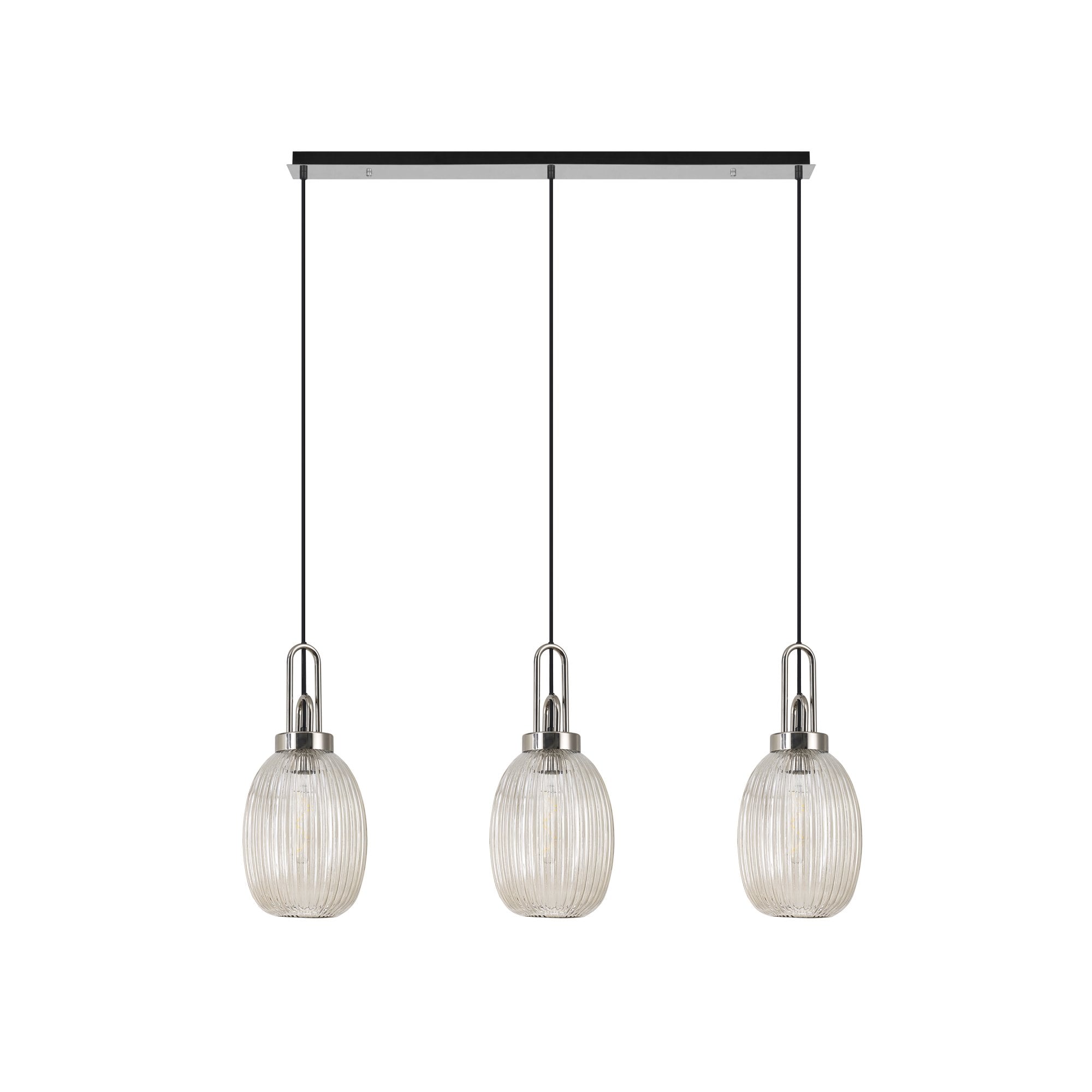 Fabula Springfield 3 Light Linear Pendant - 20cm Almond Ribbed Glass Shades - Polished Nickel & Champagne Glass