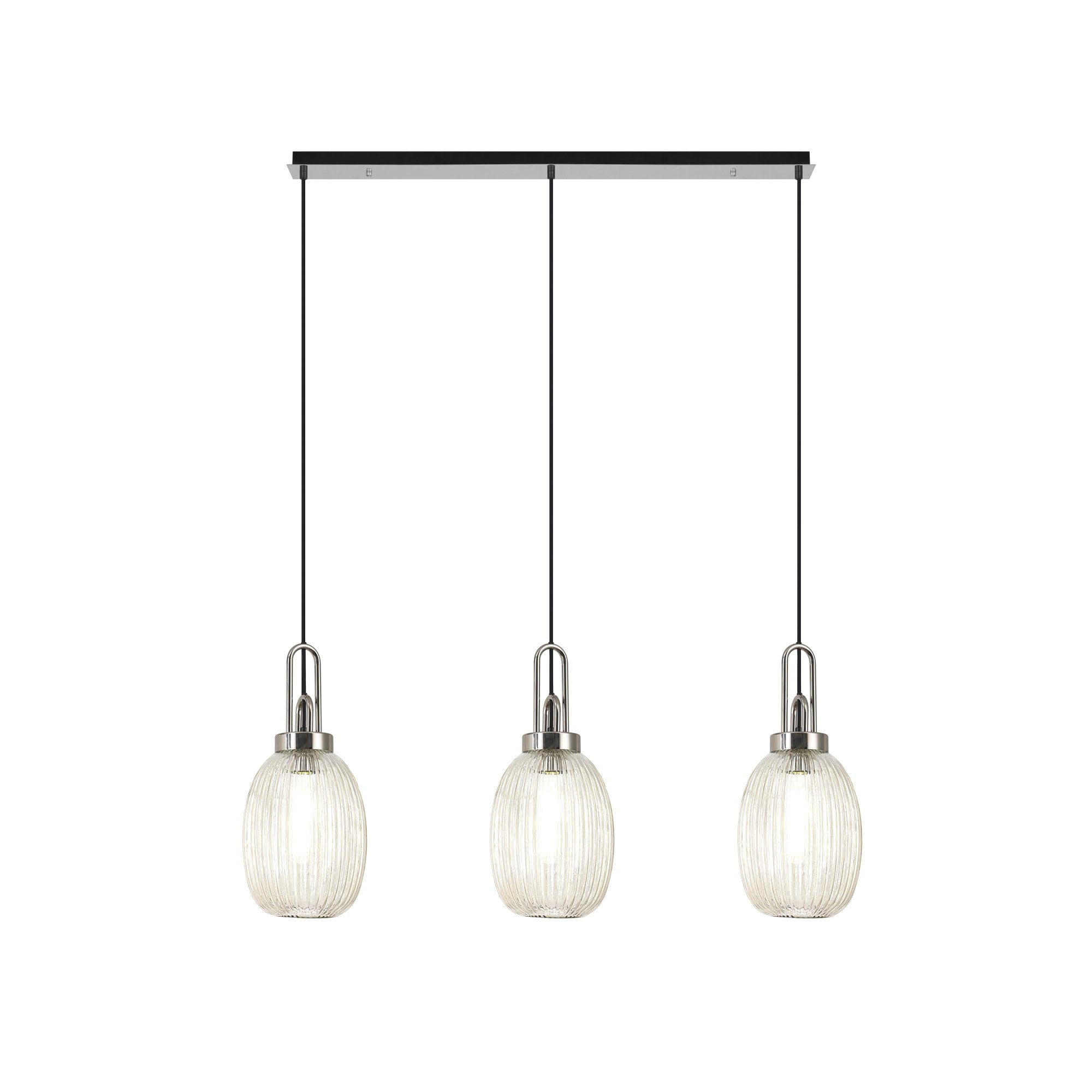 Fabula Springfield 3 Light Linear Pendant - 20cm Almond Ribbed Glass Shades - Polished Nickel & Champagne Glass