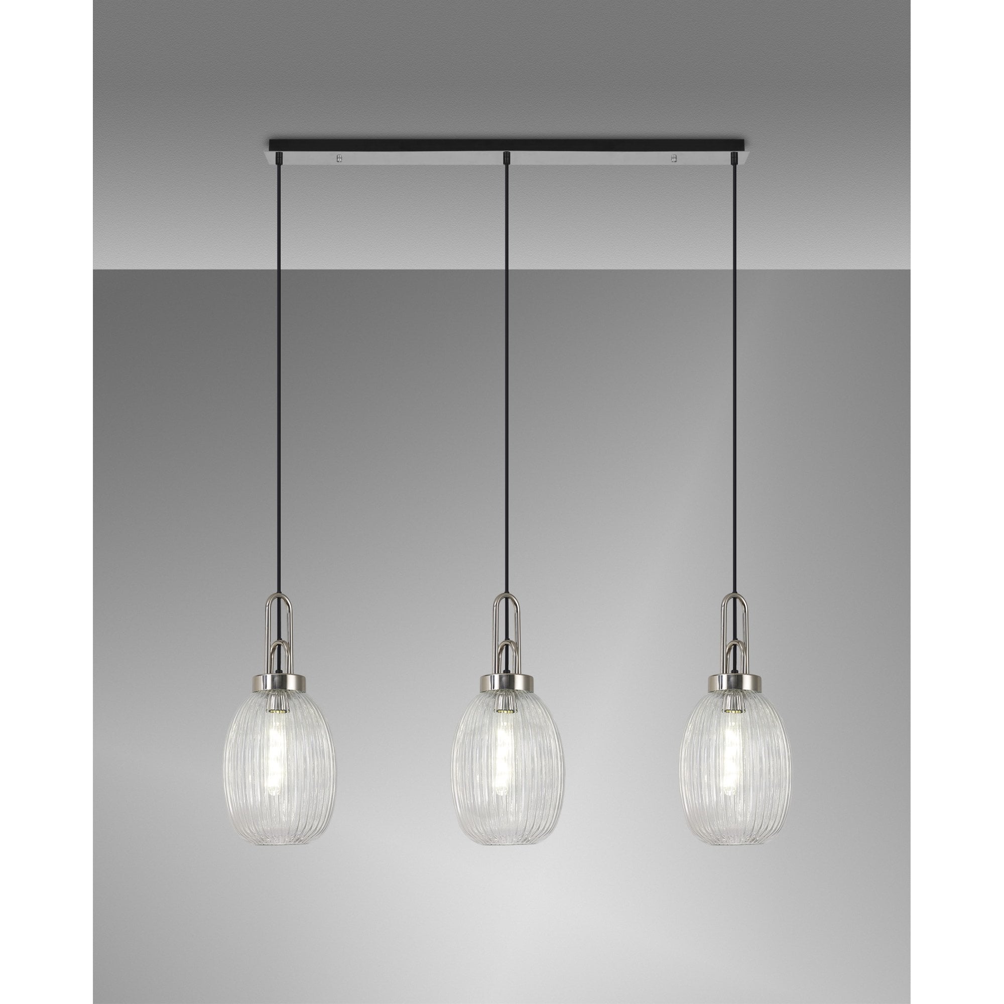 Fabula Springfield 3 Light Linear Pendant - 20cm Almond Ribbed Glass Shades - Polished Nickel & Clear Glass