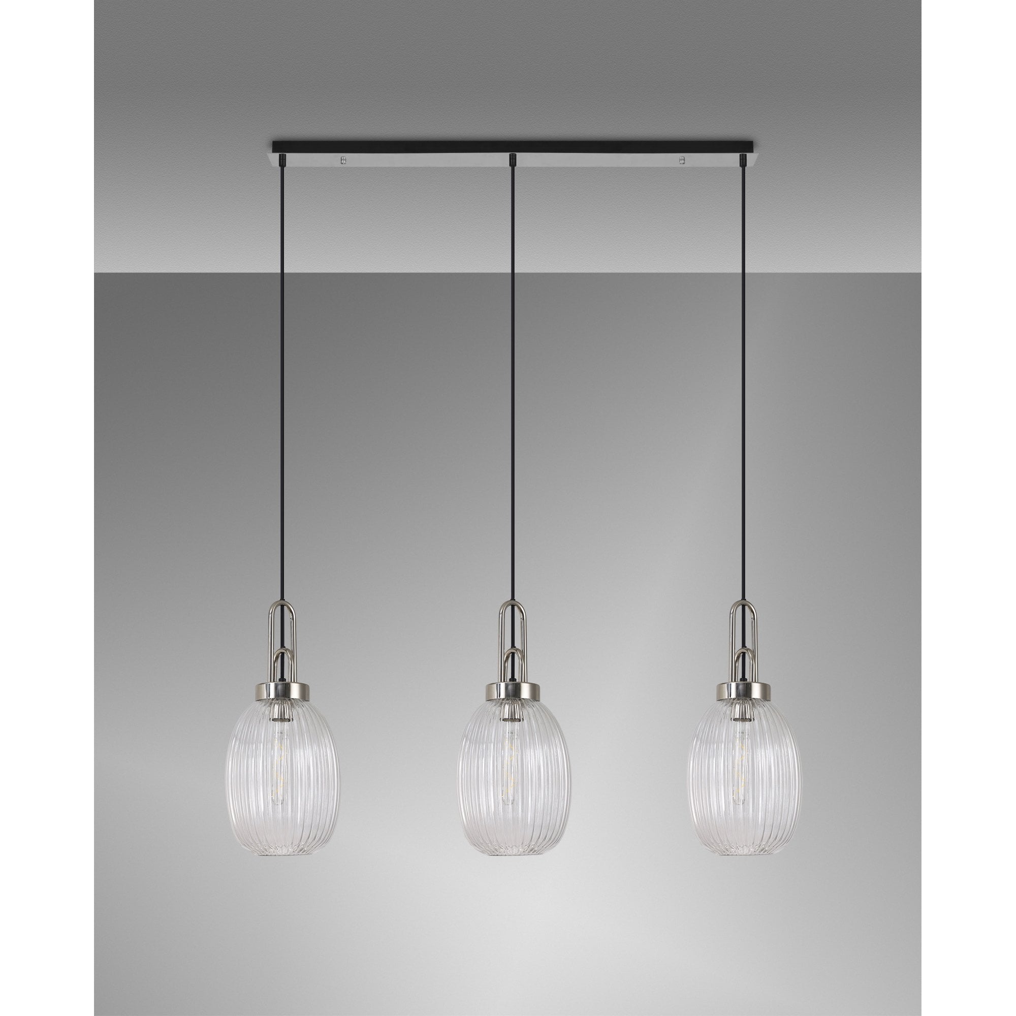 Fabula Springfield 3 Light Linear Pendant - 20cm Almond Ribbed Glass Shades - Polished Nickel & Clear Glass