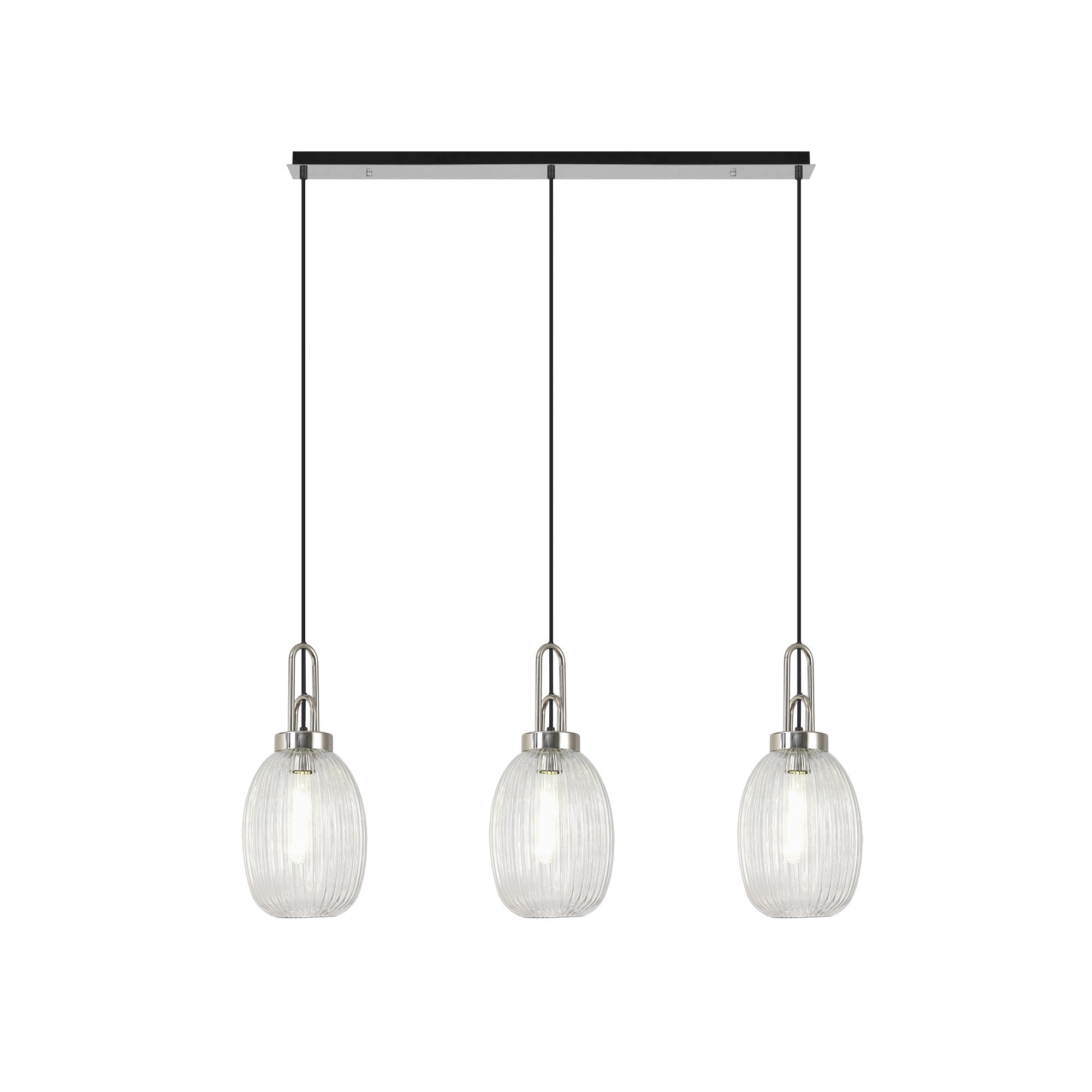 Fabula Springfield 3 Light Linear Pendant - 20cm Almond Ribbed Glass Shades - Polished Nickel & Clear Glass